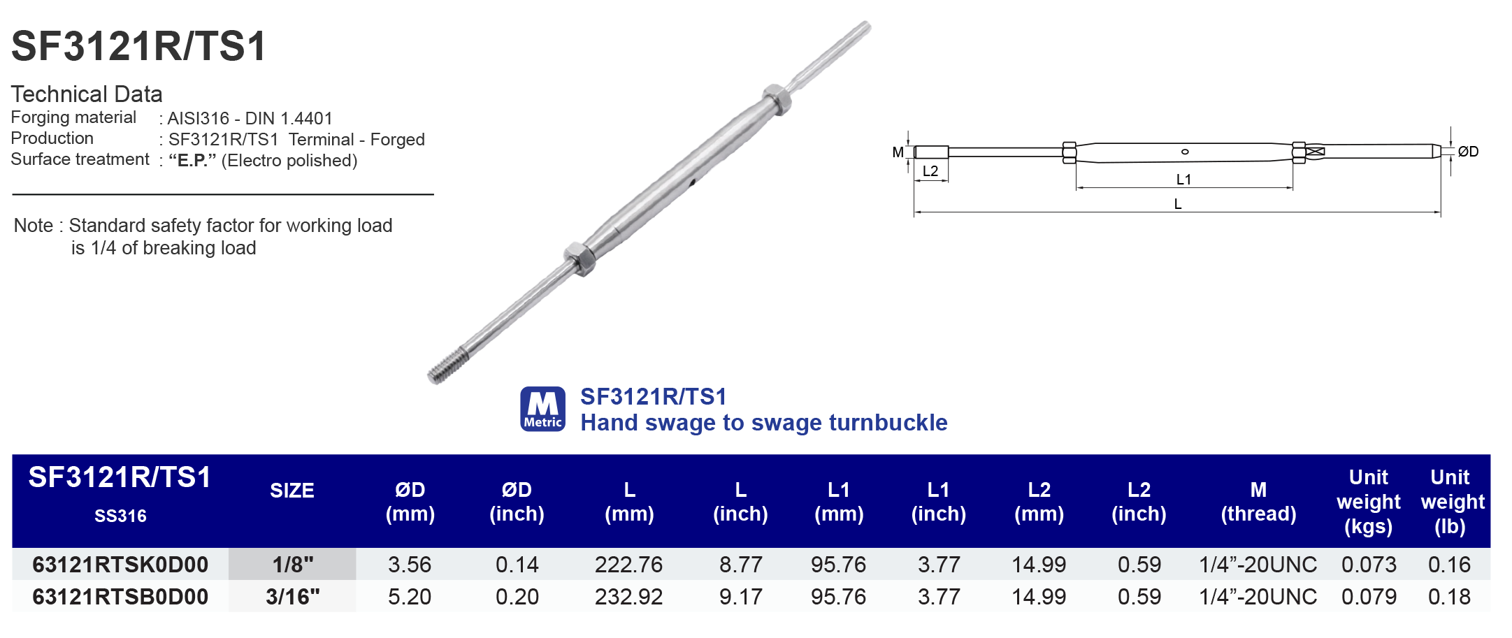 SF3121R/TS1 Hand swage to threaded stud turnbuckle