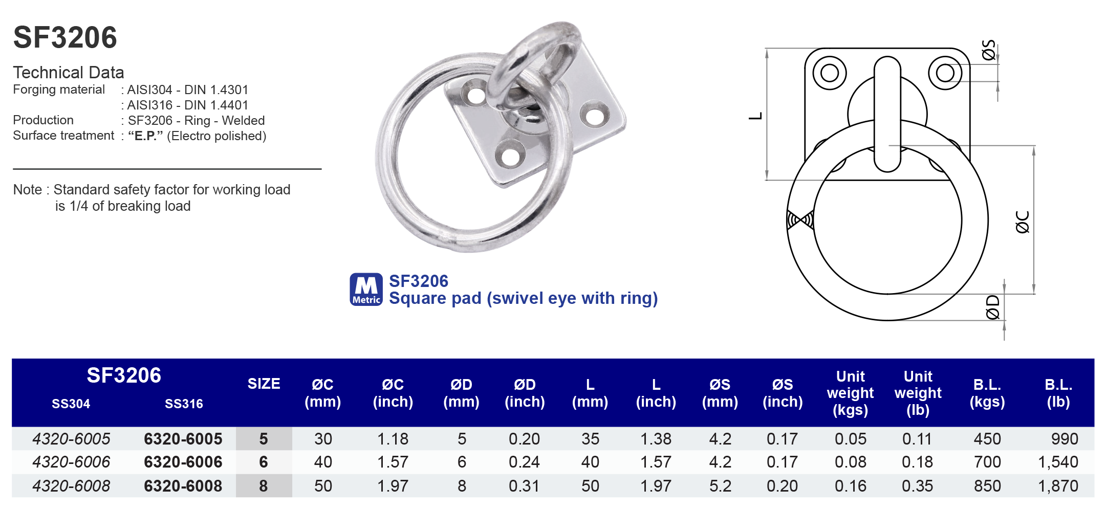 SF3206 Square Pad (swivel eye with ring) - 304