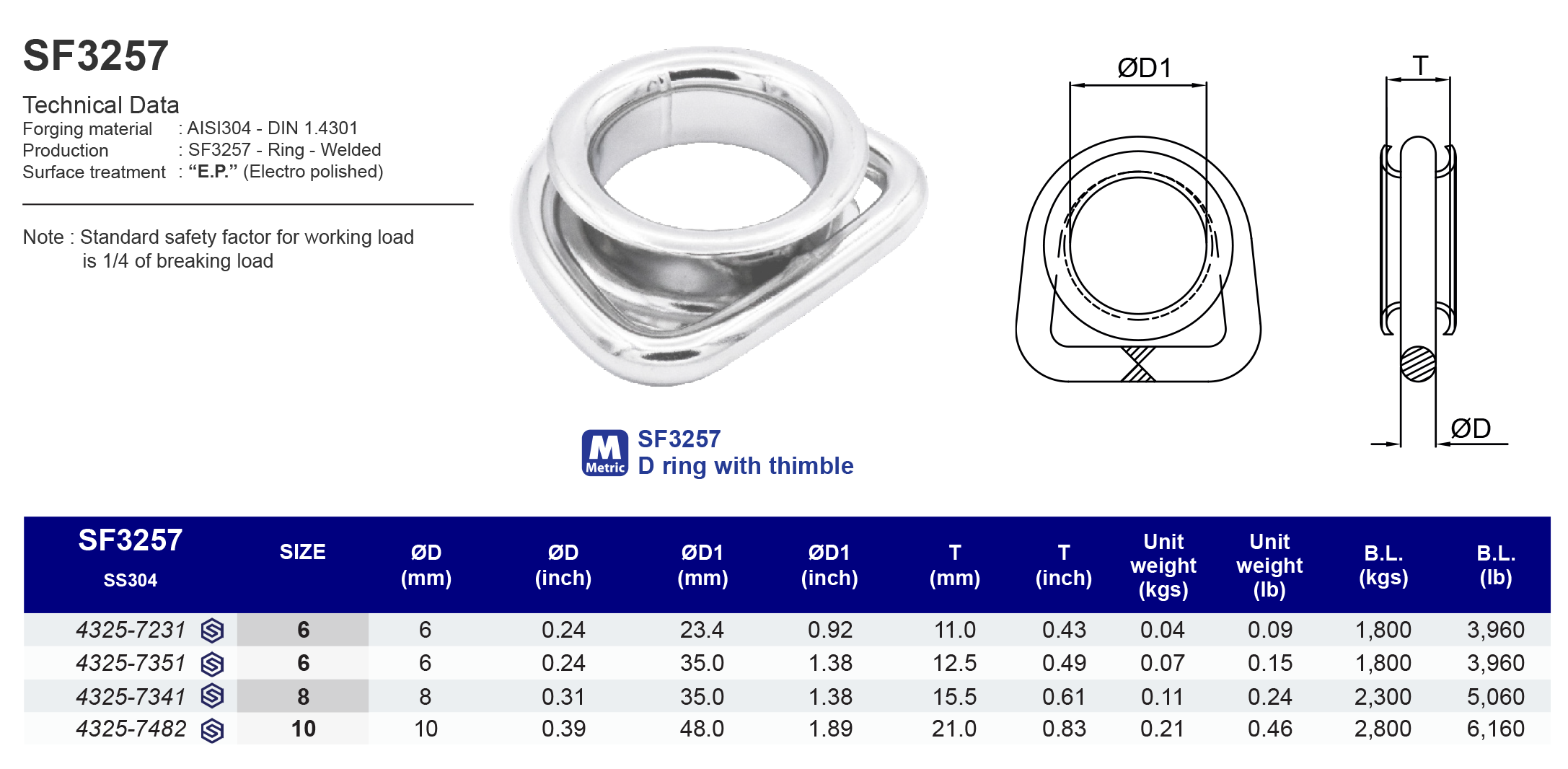 SF3257  D ring with thimble - 304