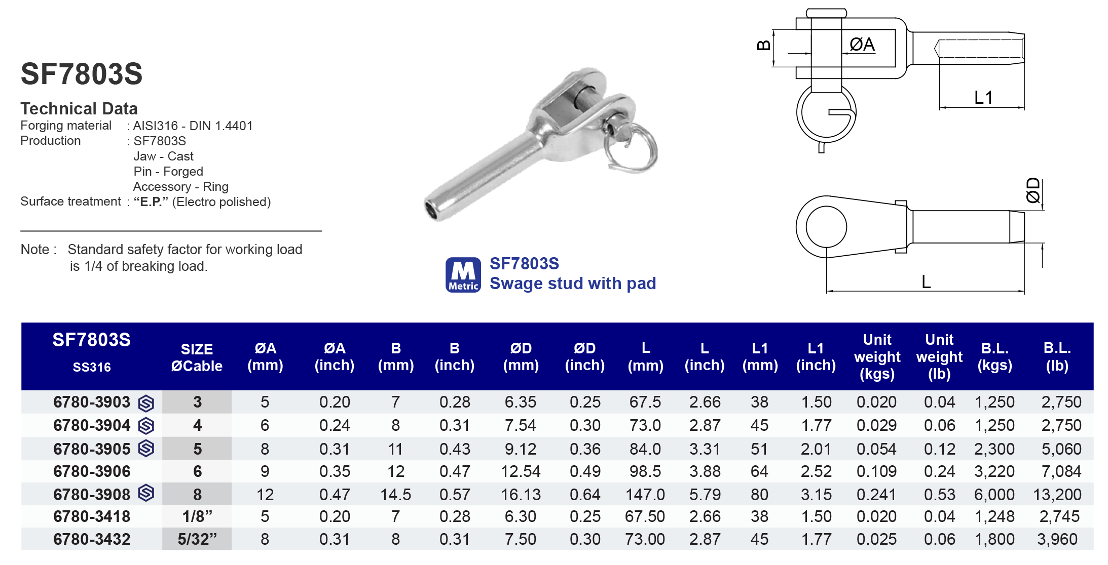 SF7803S Swage fork - 316