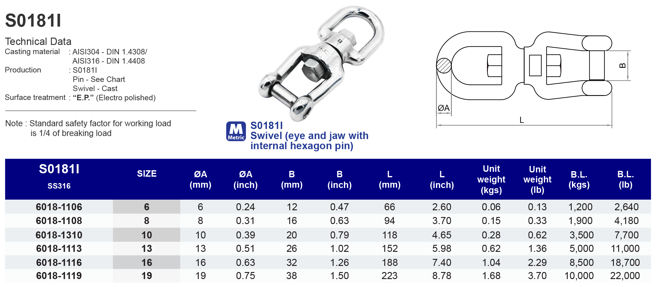 S0181I Swivel (eye and jaw with internal hexagon pin) - 316