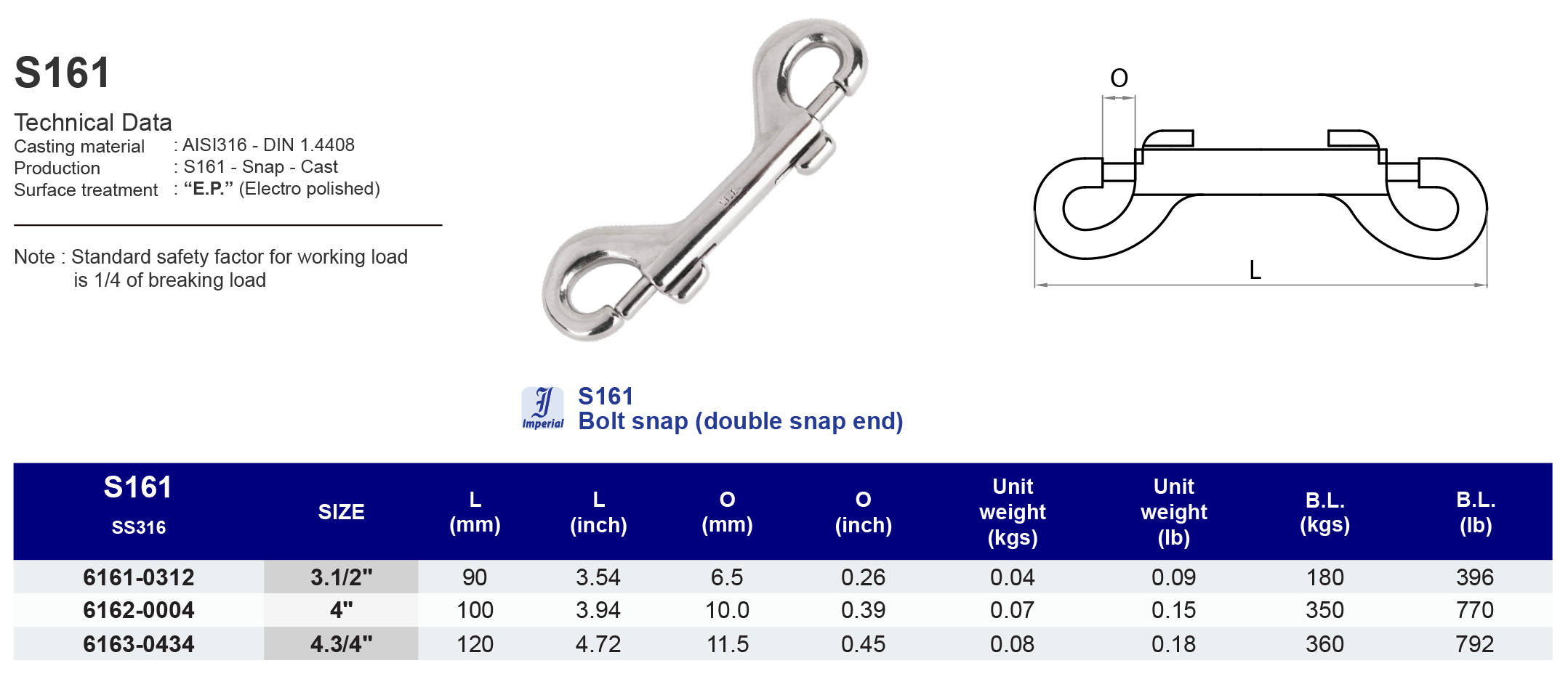 S161 Bolt snap (double snap end) - 316