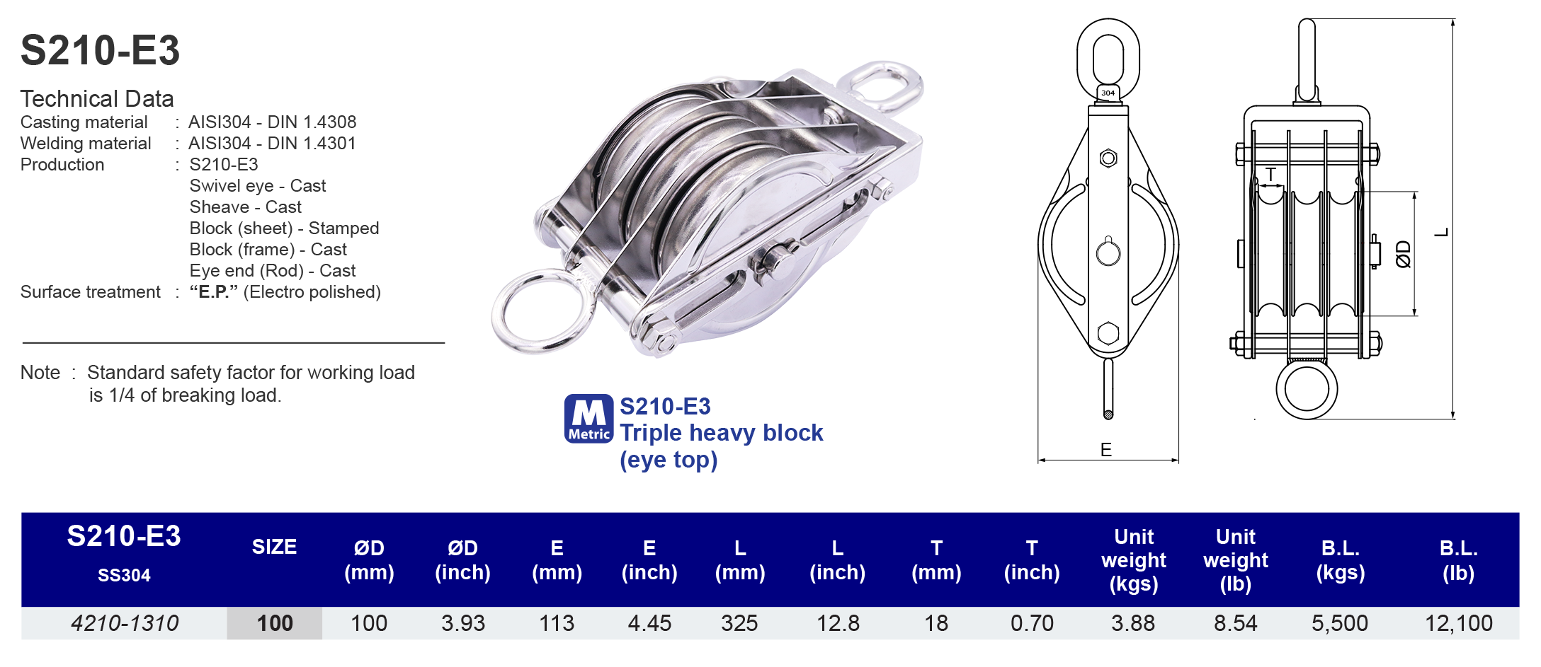 S210-E3 Triple Heavy Block (eye top) - 304