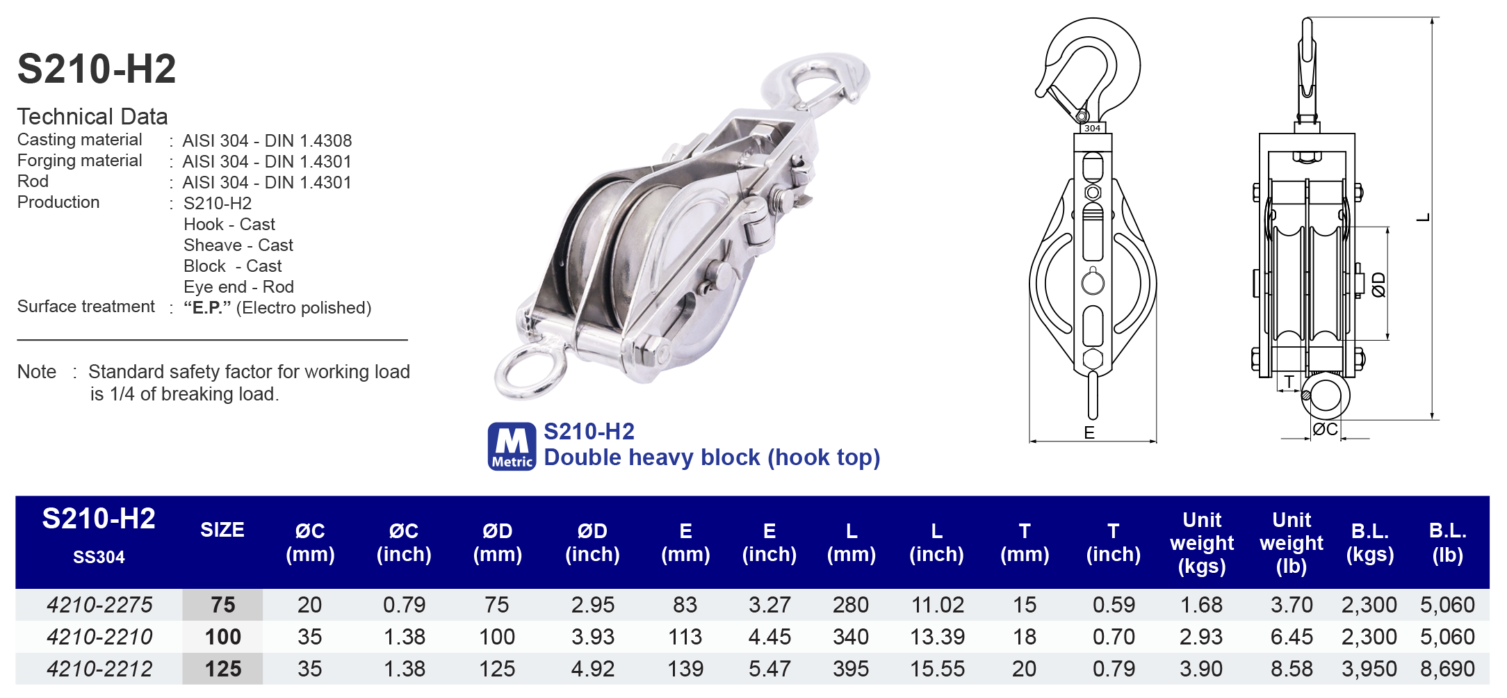 S210-H2 Double heavy block (hook top) - 304
