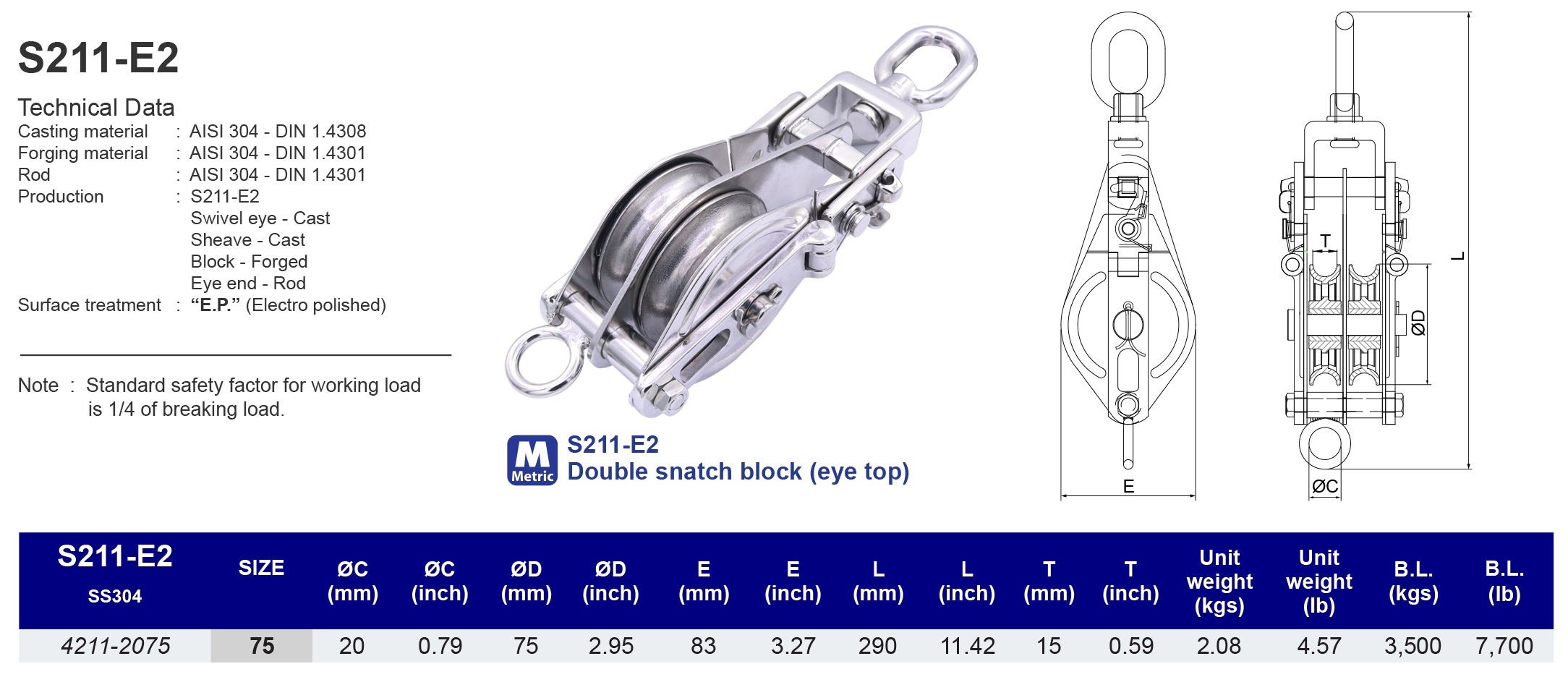 S211-E2 Double snatch block (eye top) - 304