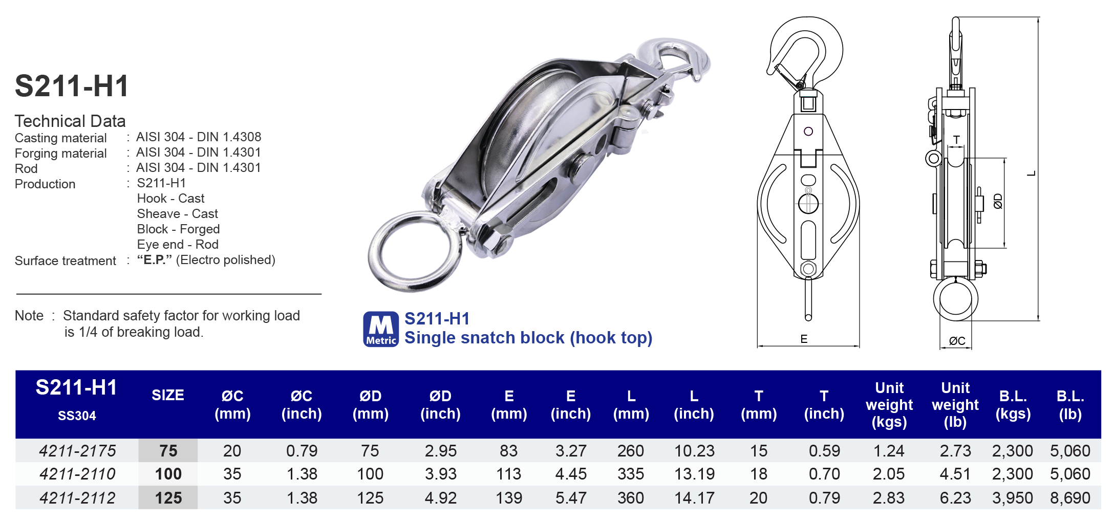 S211-H1 Single Snatch Block (hook top) - 304