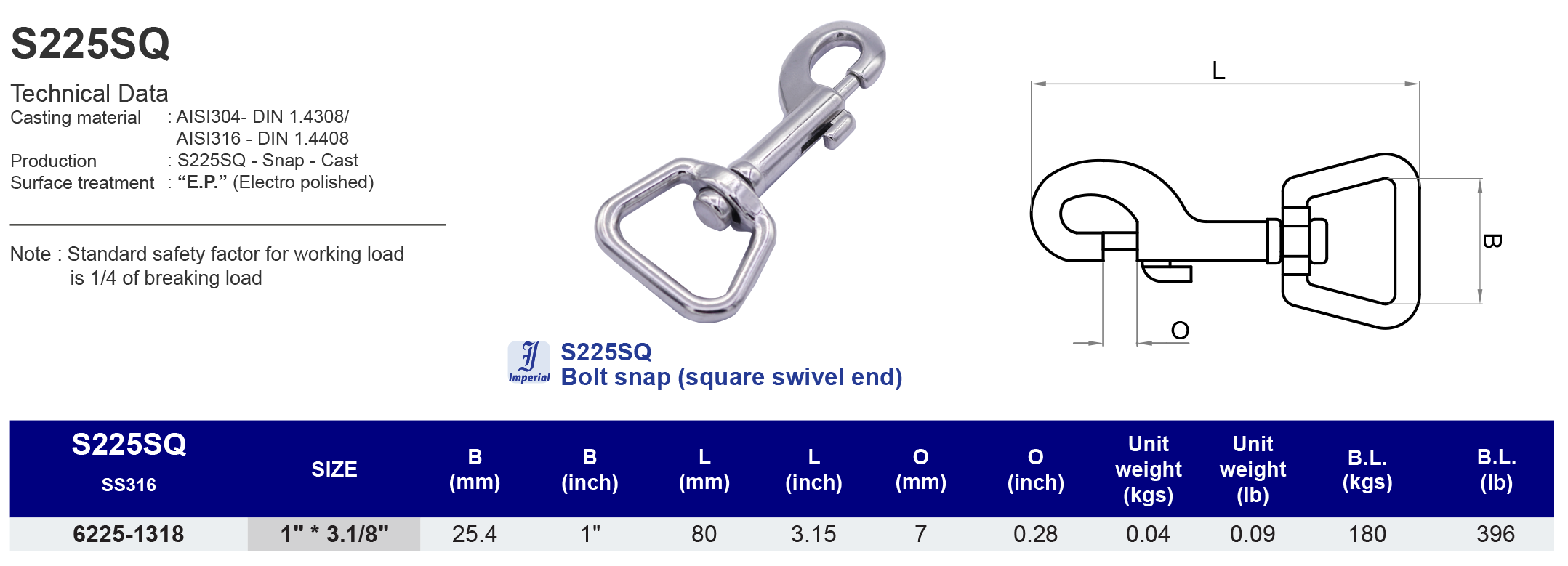 S225SQ Bolt snap (square swivel end) - 316