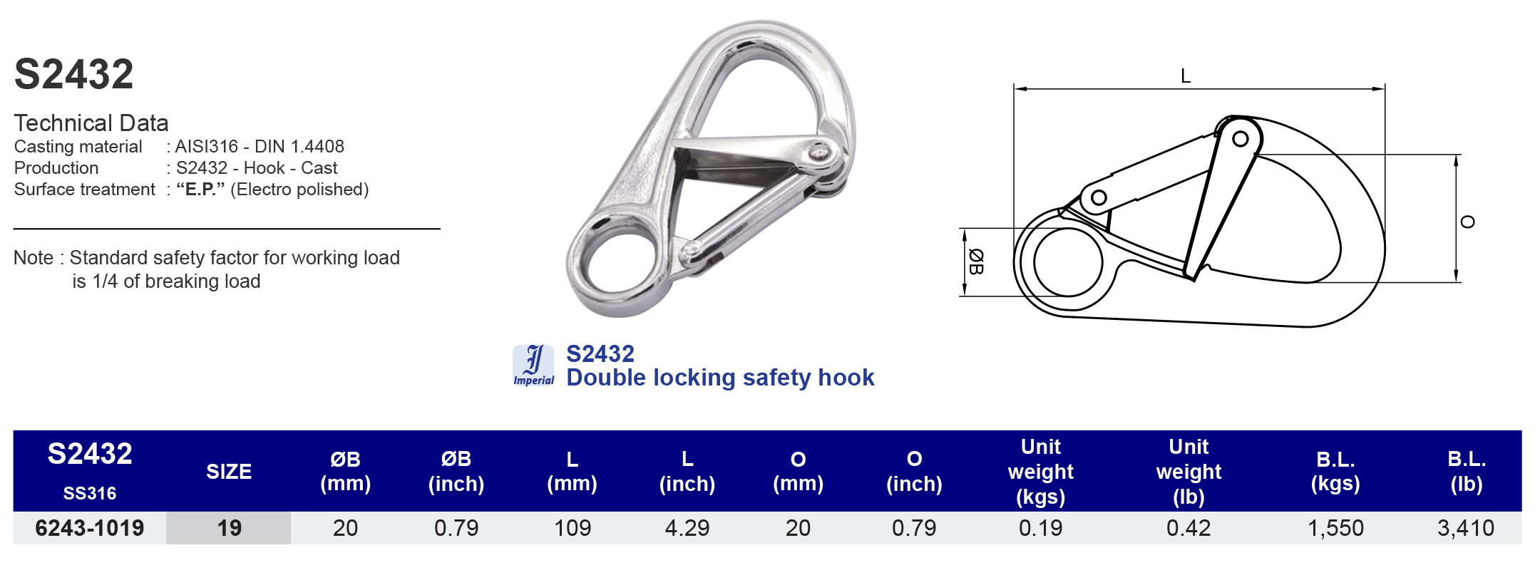 S2432 Double locking safety hook - 316