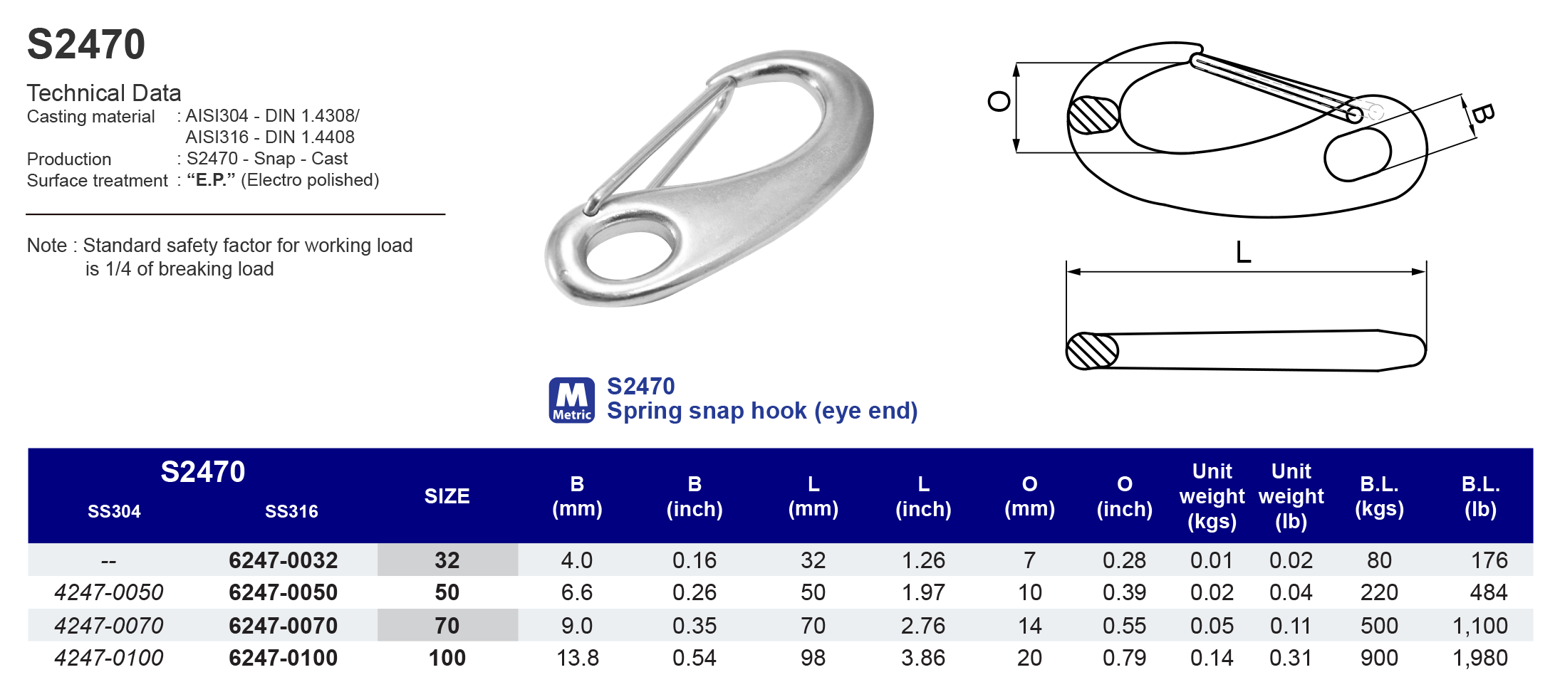 S2470 Spring snap hook (eye end) - 316 (CLEARANCE SALE)