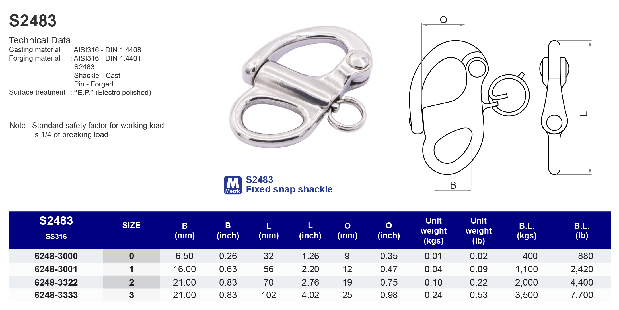 S2483 Fixed snap shackle - 316