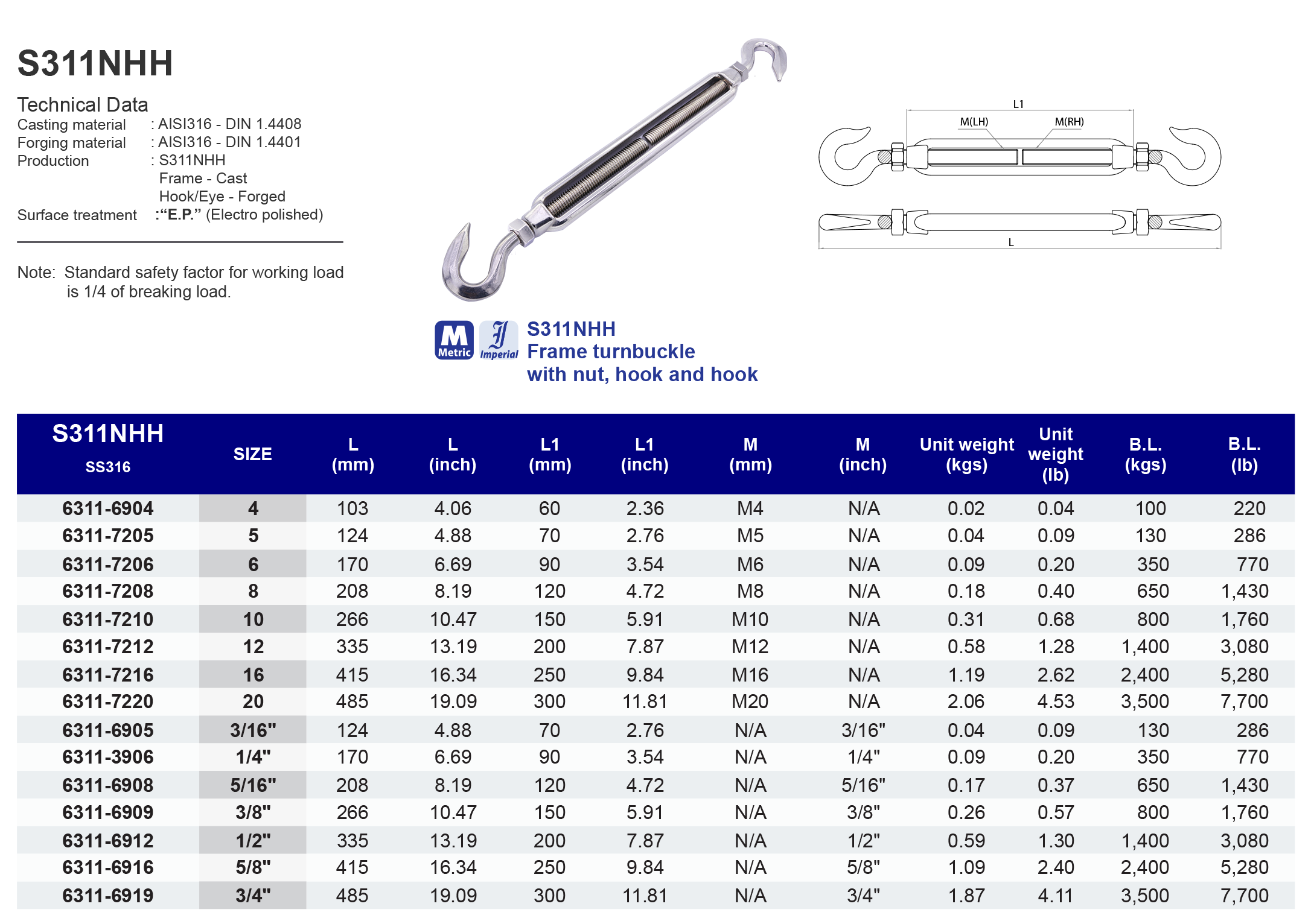 S311NHH Frame turnbuckle with nut hook and hook - 316