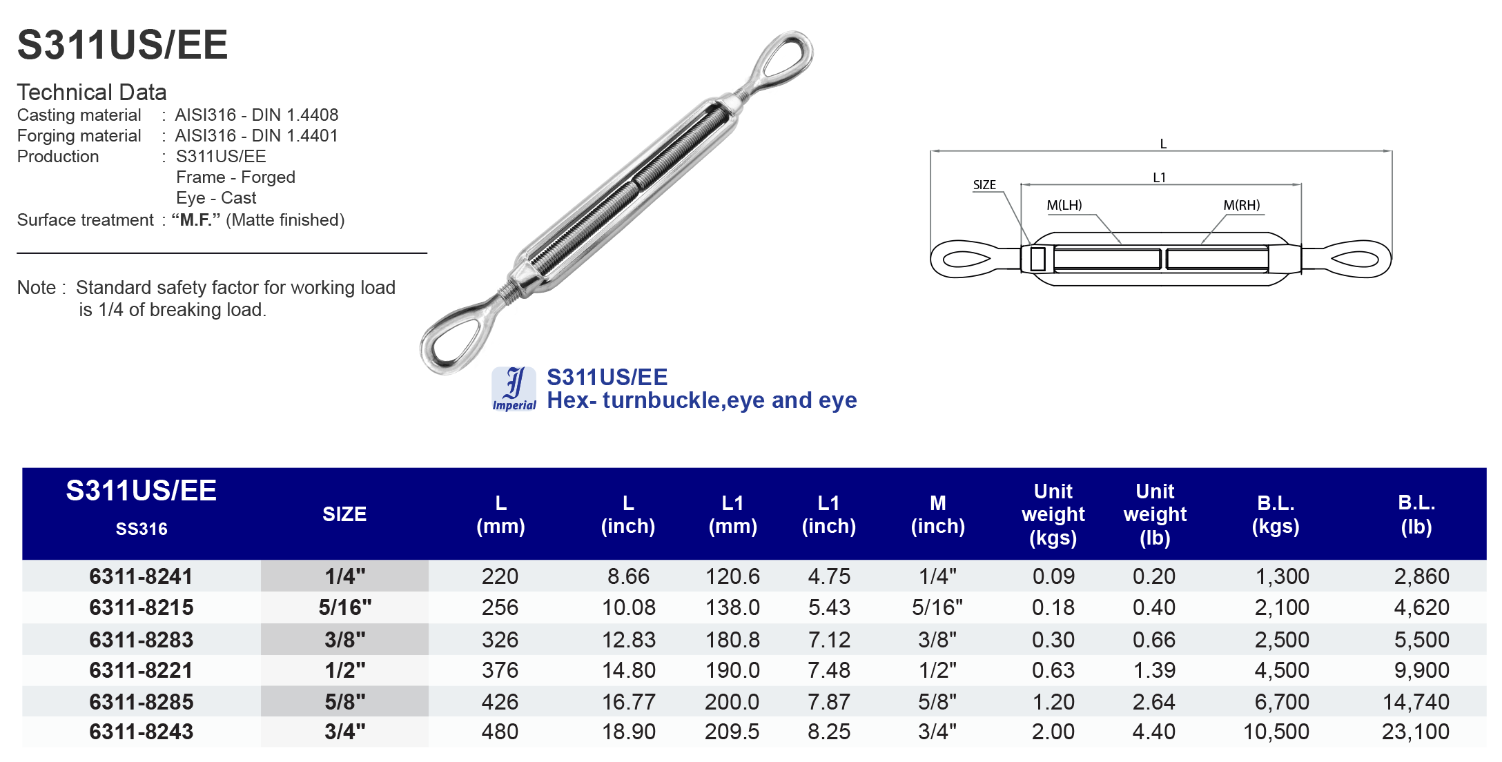 S311US/EE Hex- turnbuckle ,eye and eye - 316