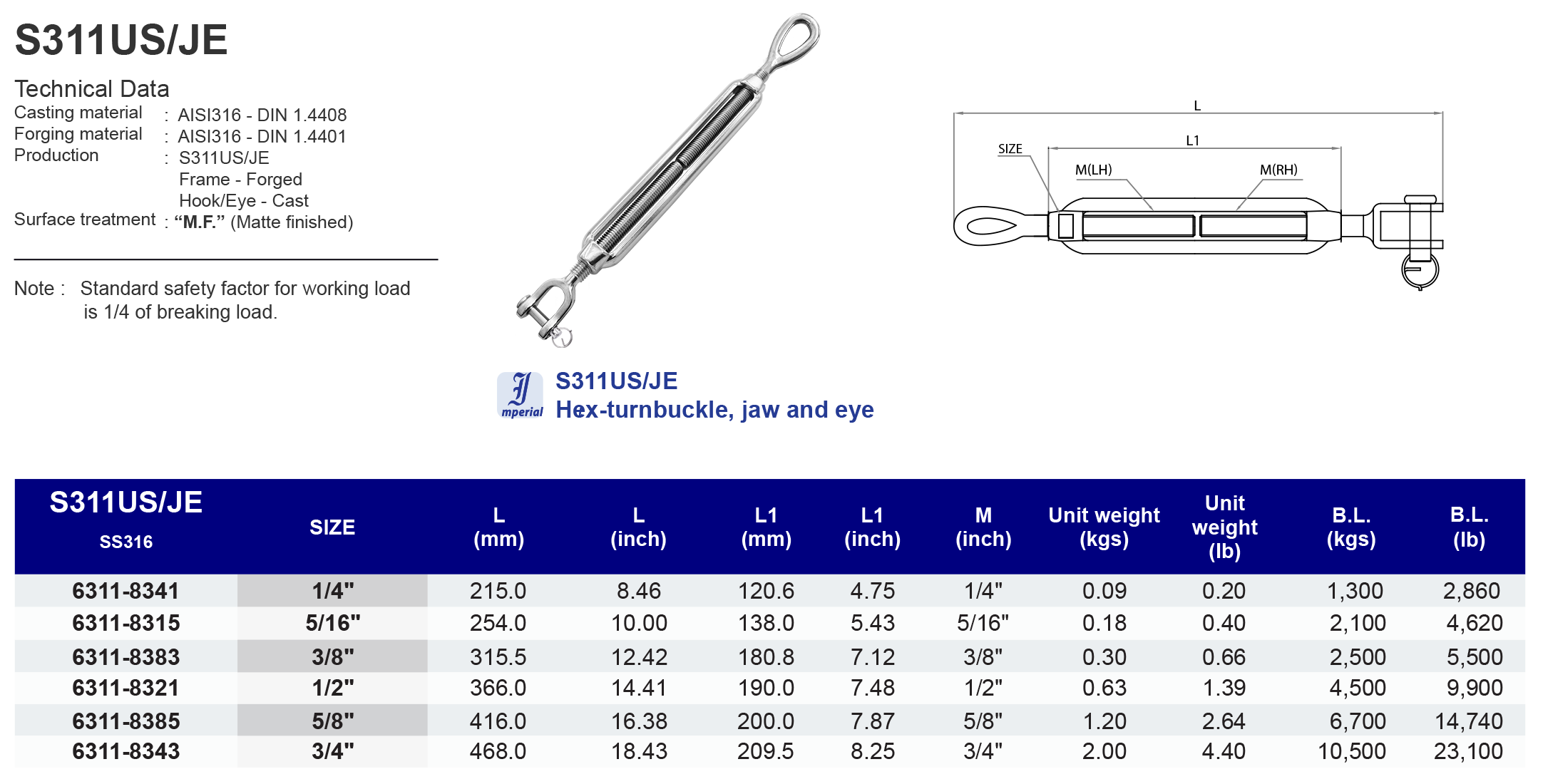 S311US/JE  Hex turnbuckle, jaw and eye - 316