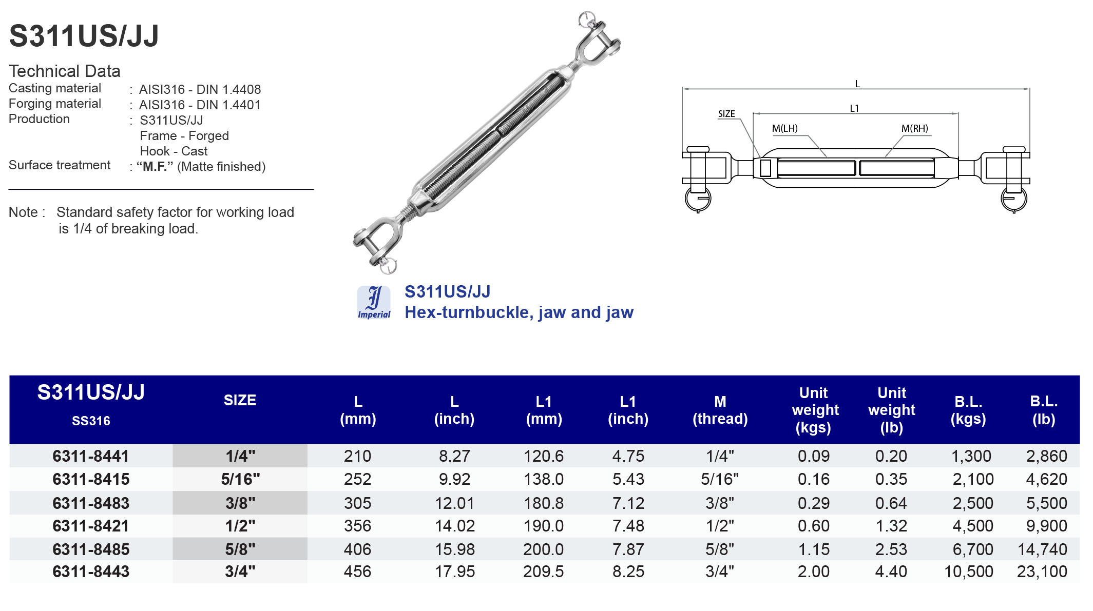 S311US/JJ Hex turnbuckle jaw and jaw - 316