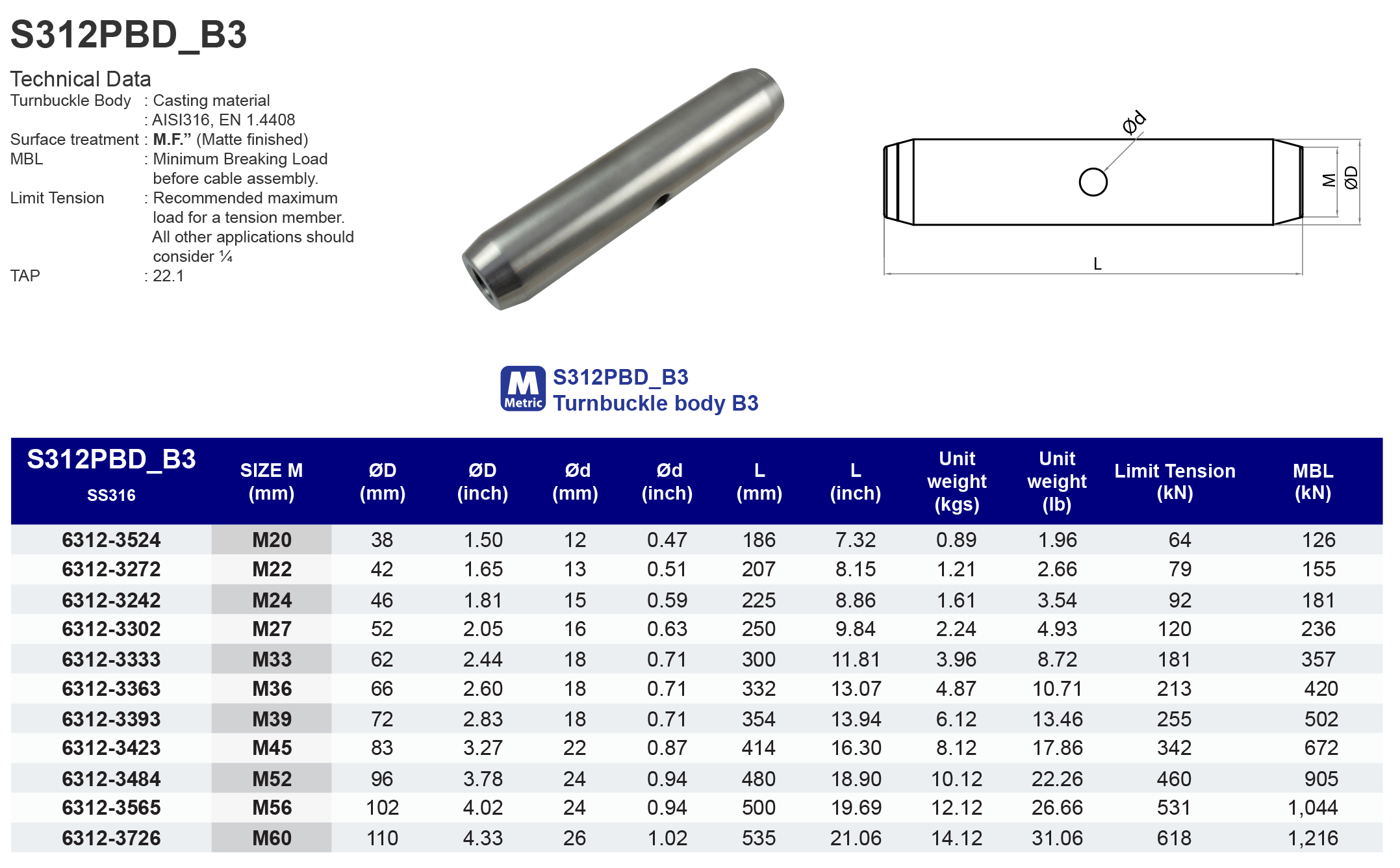 S312PBD_B3 Turnbuckle body B3 - 316