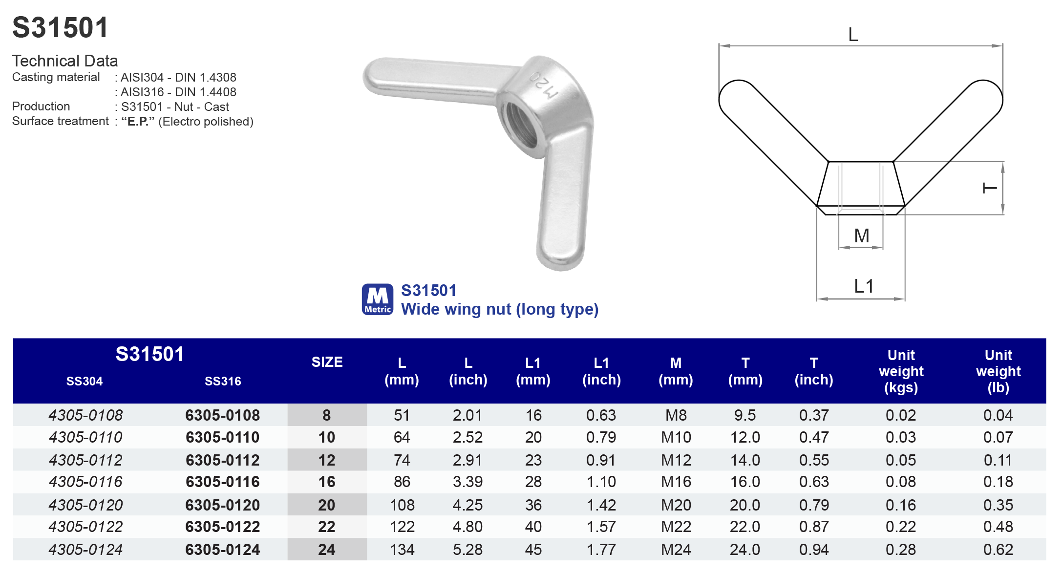 S31501 Wide wing nut (long type) - 316