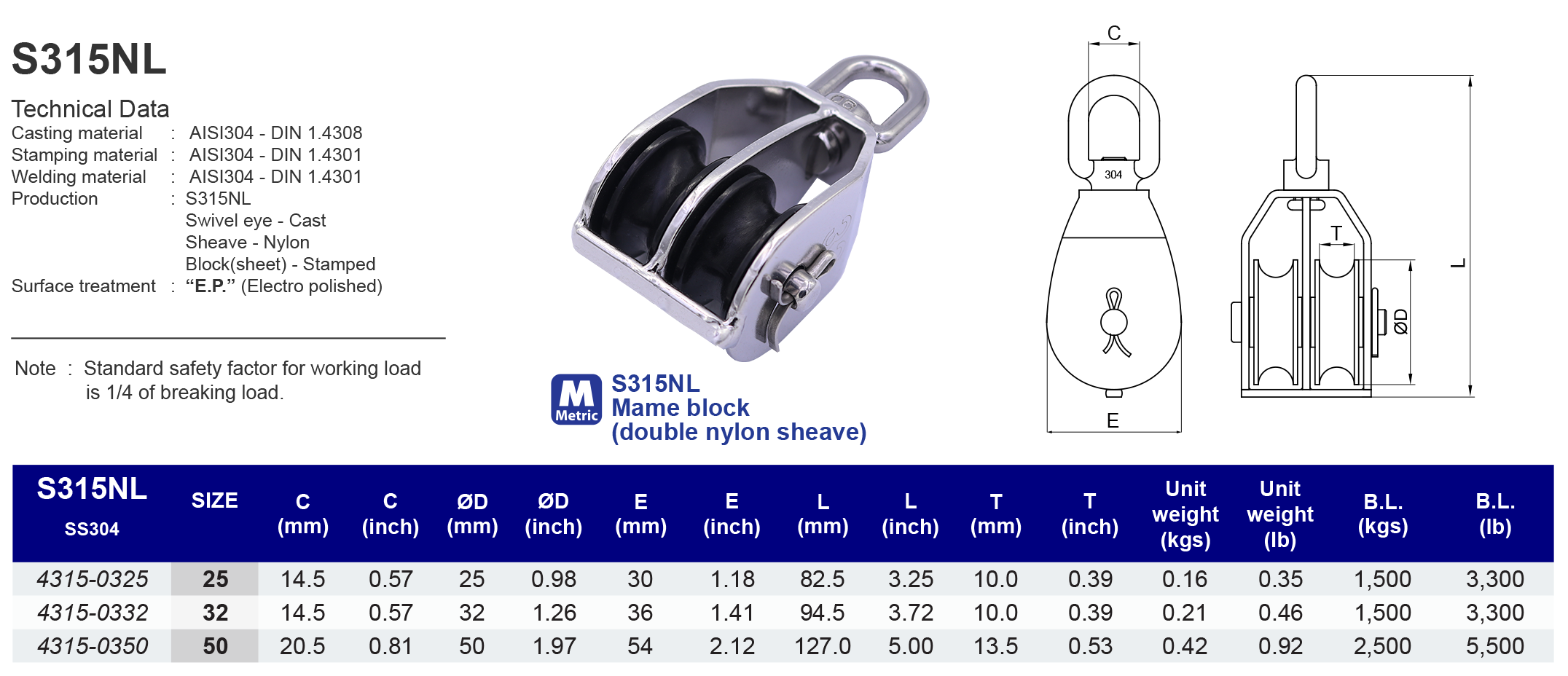 S315NL Mame block (double nylon sheave) - 304