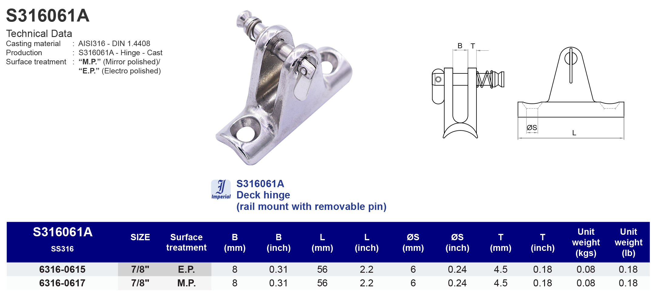 S316061A Deck hinge (rail mount with removable pin) - 316 (CLEARANCE SALE)