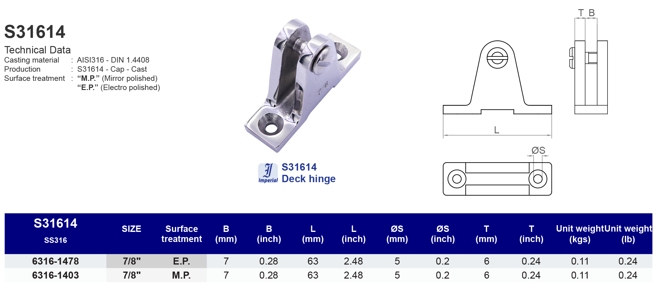 S31614 Deck hinge - 316