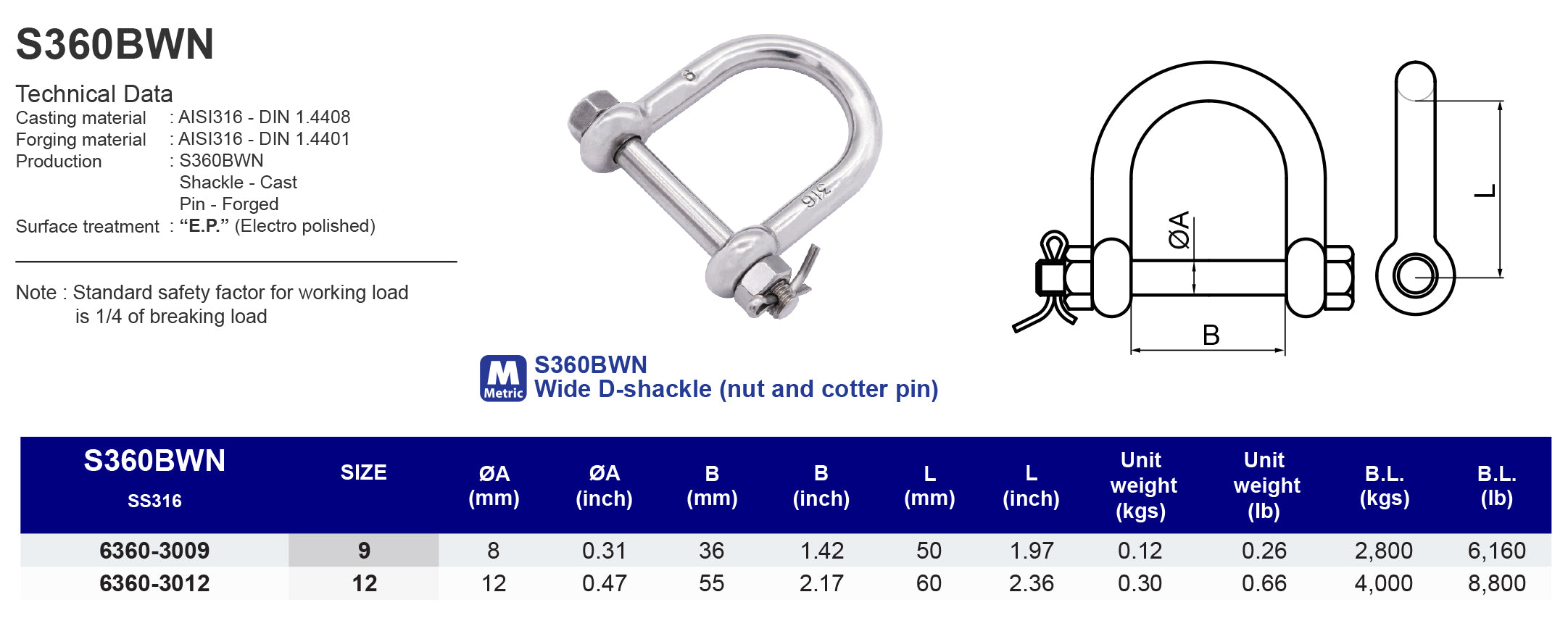 S360BWN Wide D-shackle (nut and cotter pin) - 316