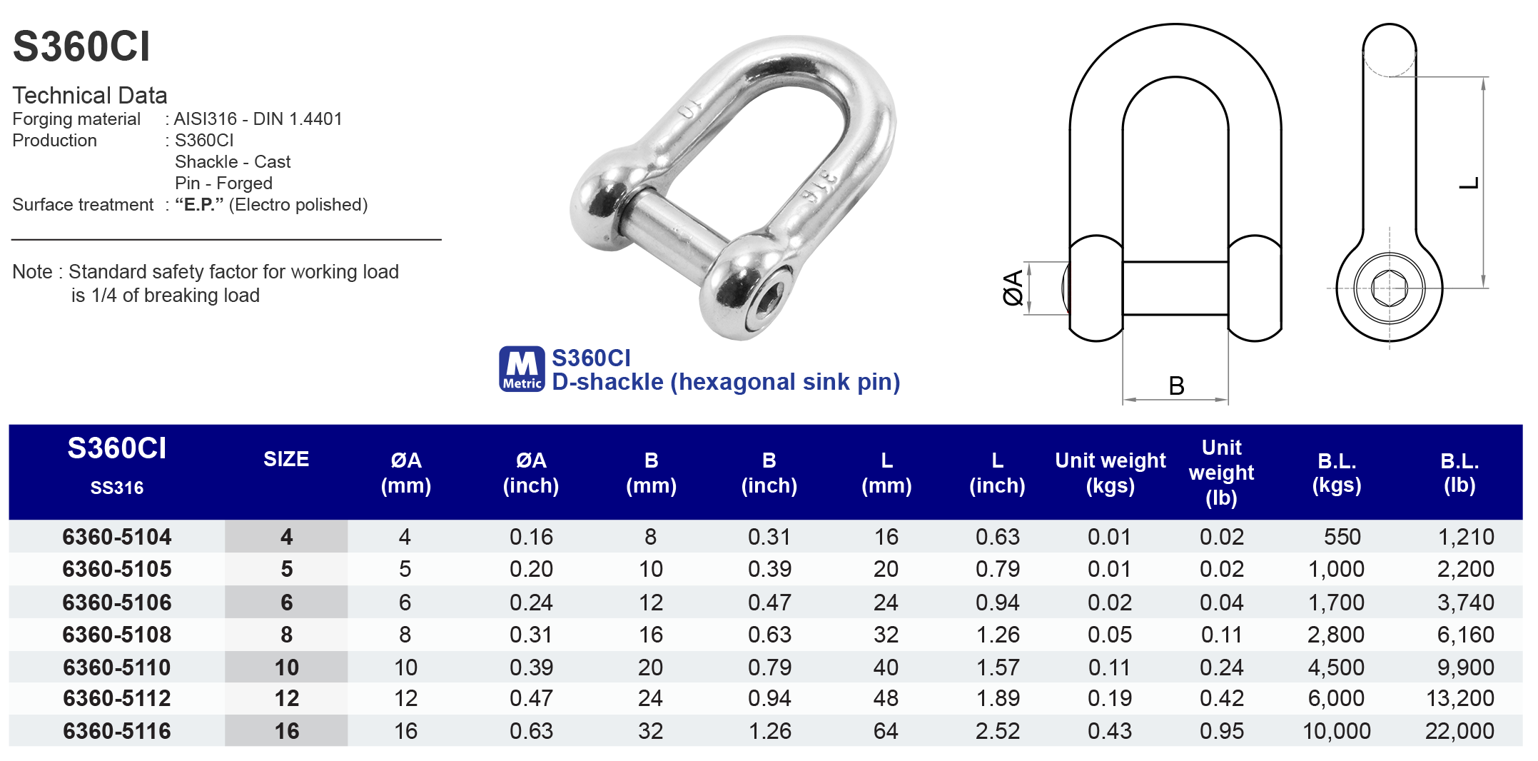 S360CI D-shackle (hexagonal sink pin) - 316 (CLEARANCE SALE)