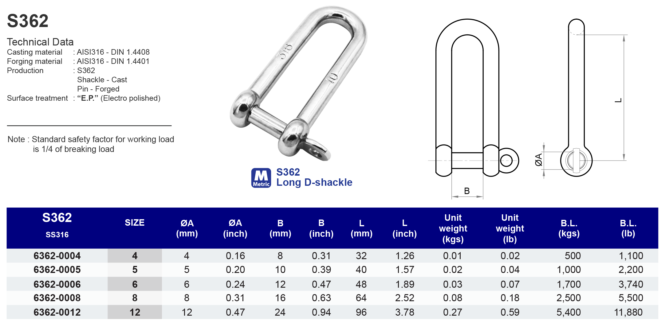 S362 Long D-shackle - 316