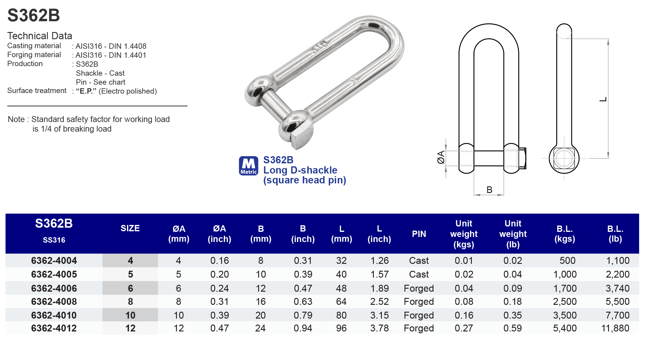 S362B Long D-shackle (square head pin) - 316