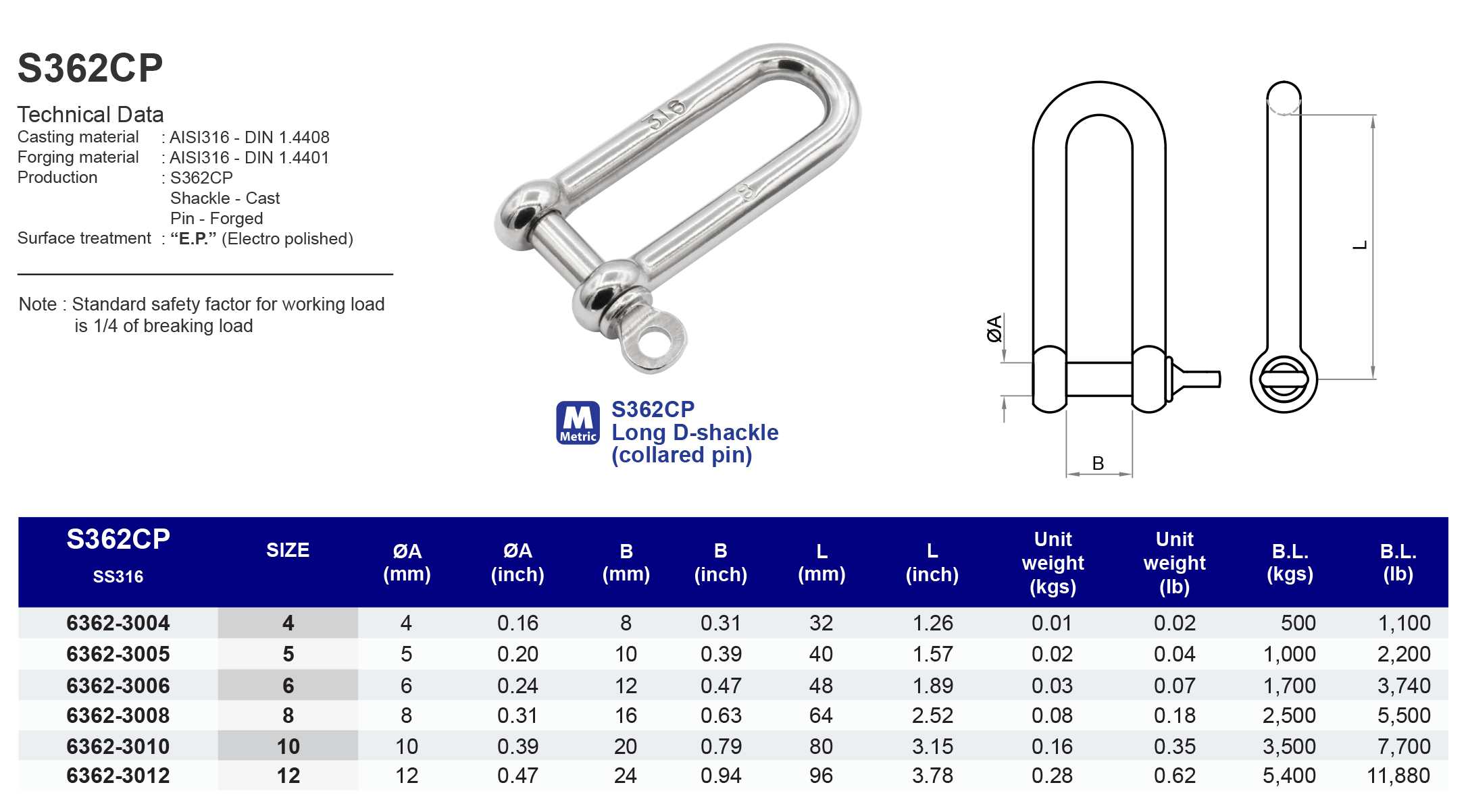 S362CP Long D-shackle (collared pin) - 316