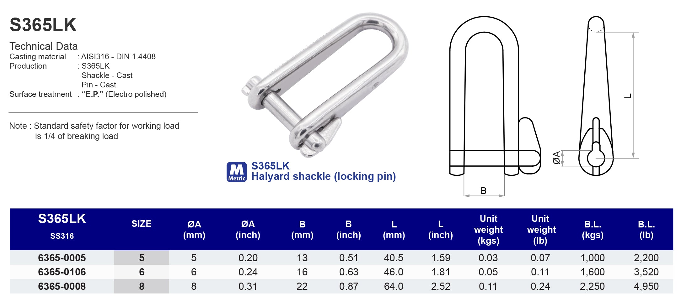 S365LK Halyard shackle (locking pin) - 316