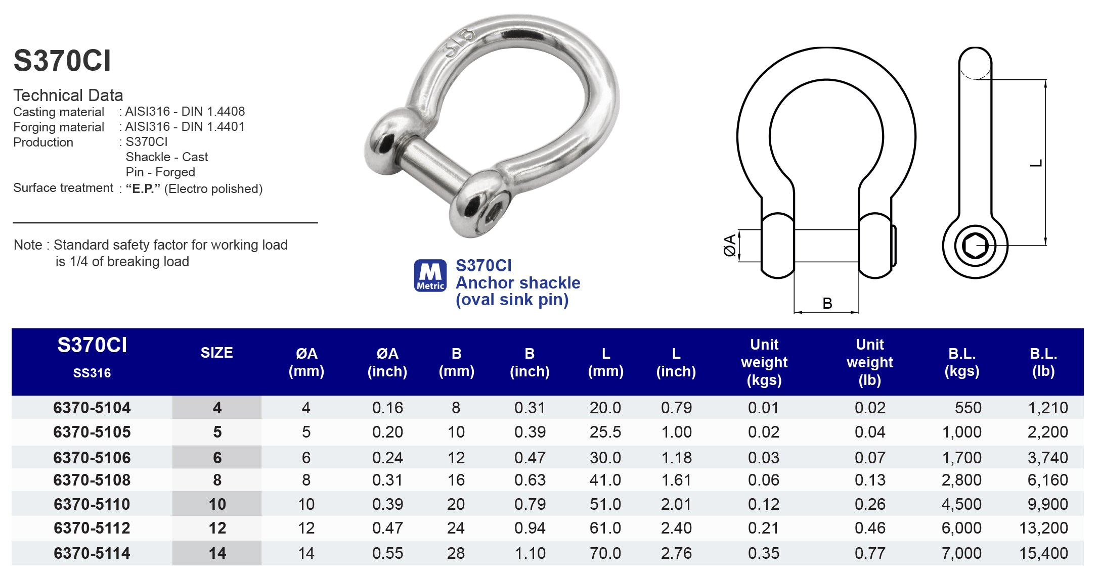 S370CI Anchor shackle (oval sink pin) - 316