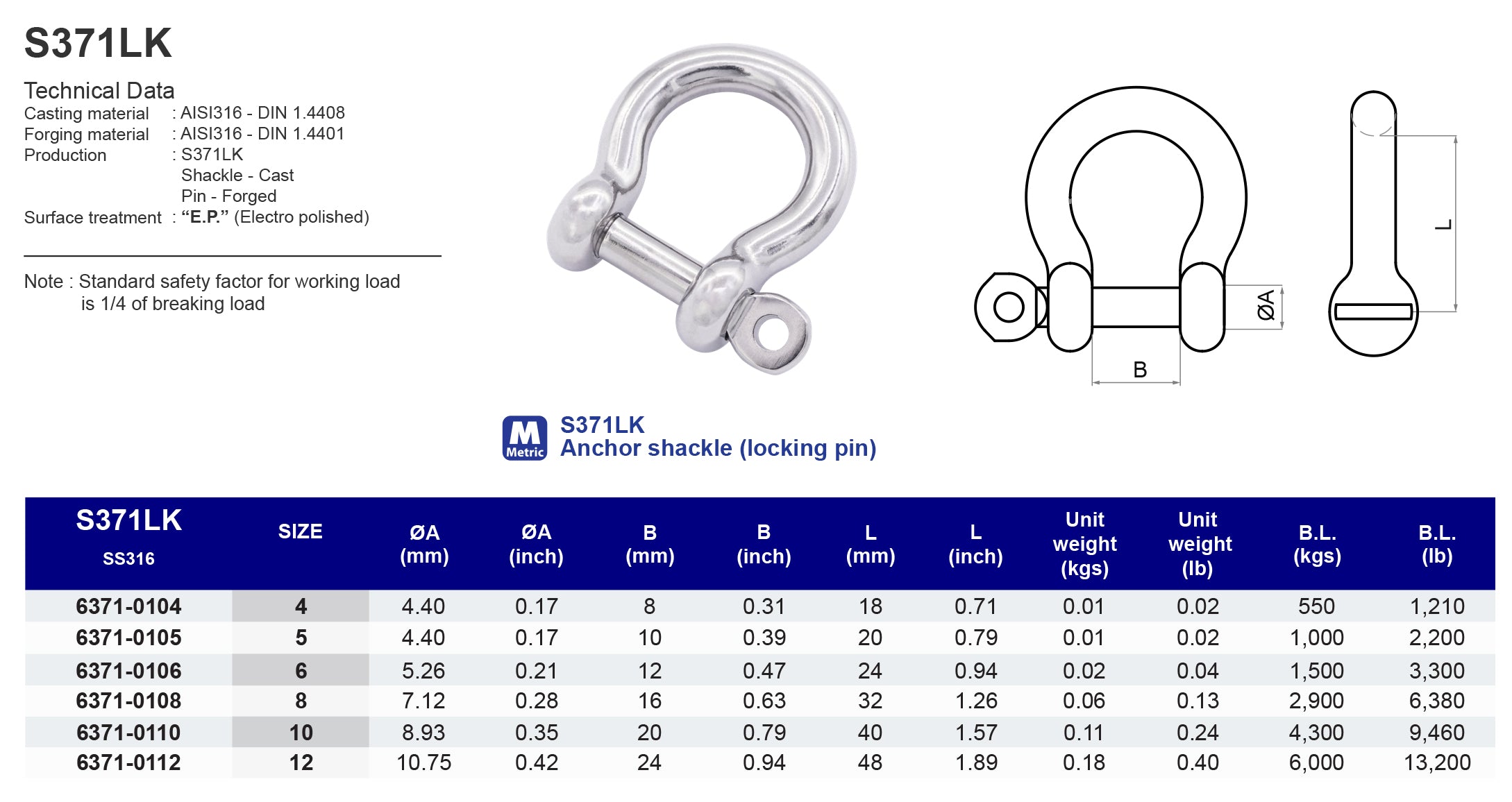 S371LK Anchor shackle (locking pin) - 316