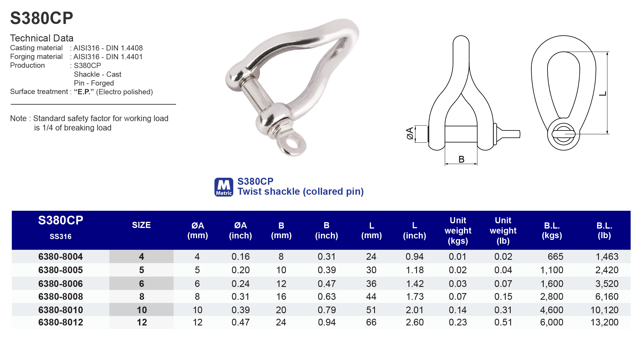 S380CP Twist shackle (collared pin) - 316