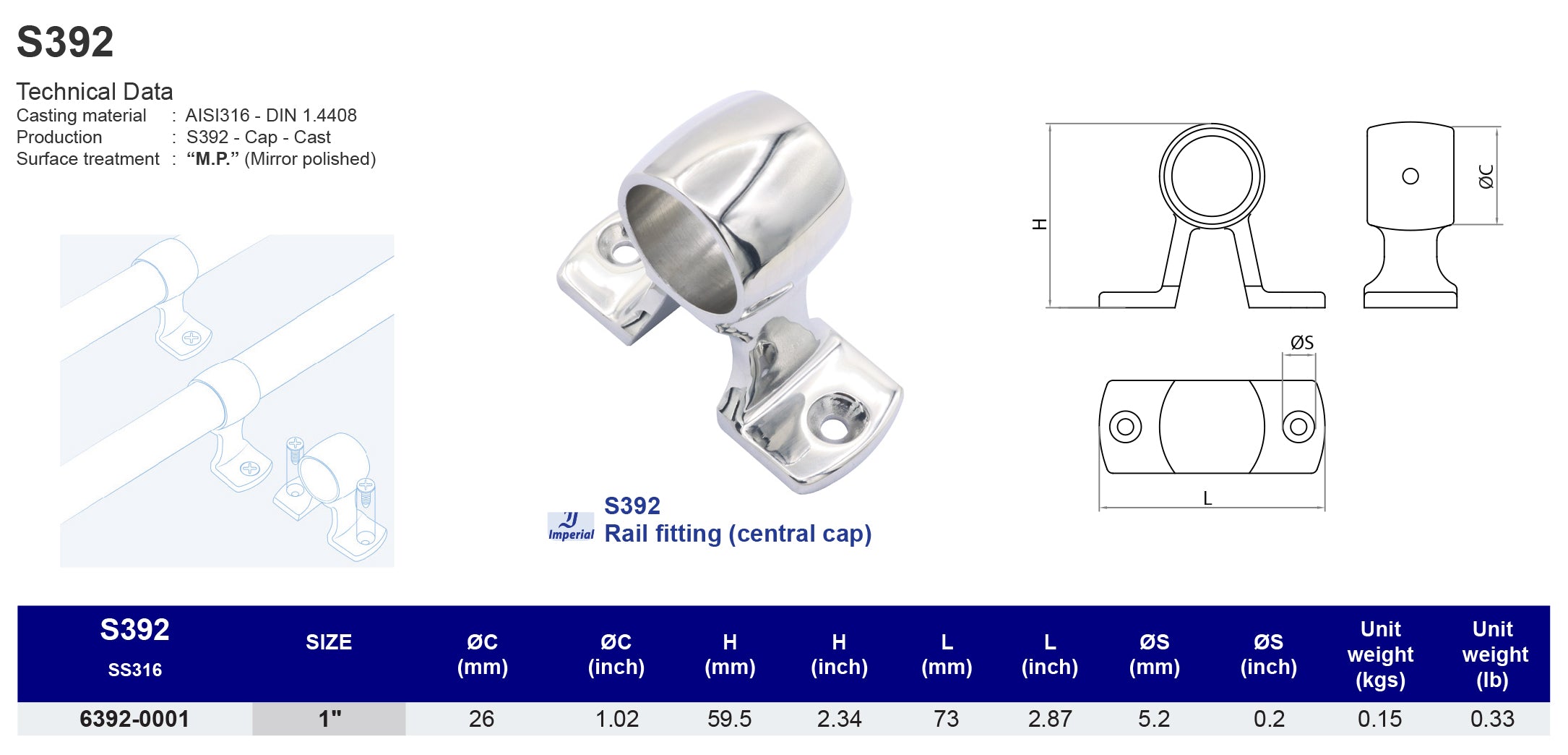 S392 Rail fitting (central cap) - 316