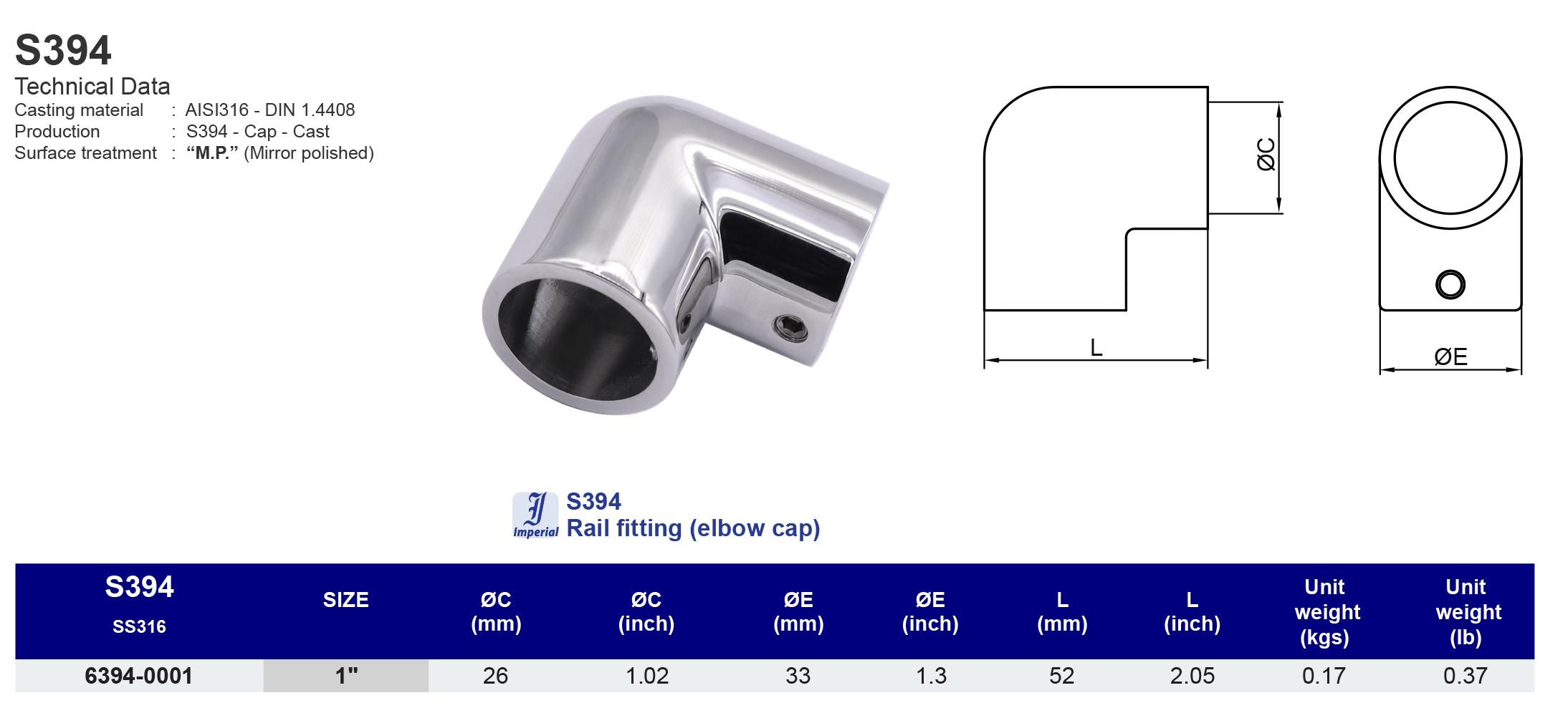 S394 Rail fitting (elbow cap) - 316