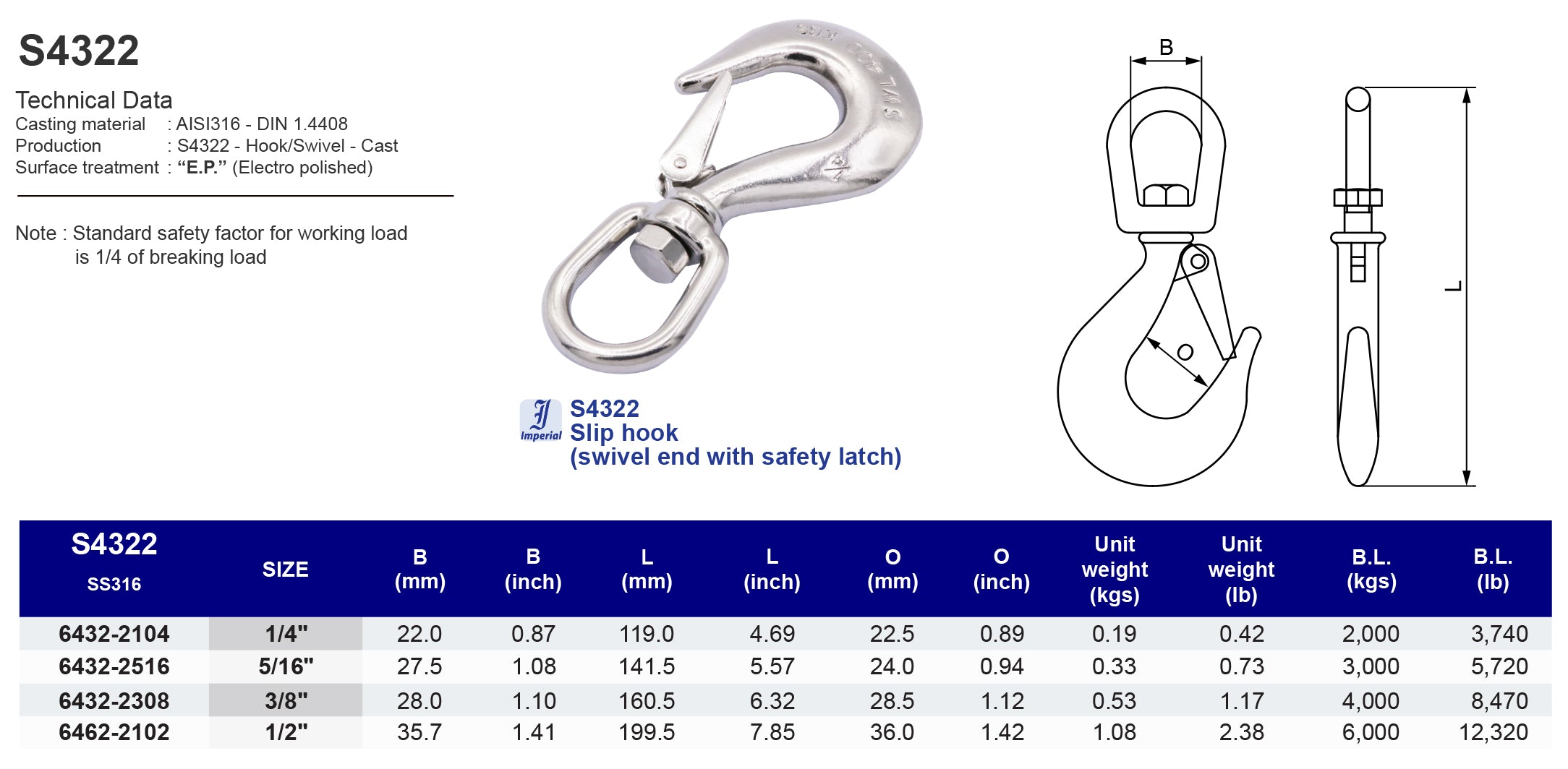 S4322 Slip hook (swivel end with safety latch) - 316