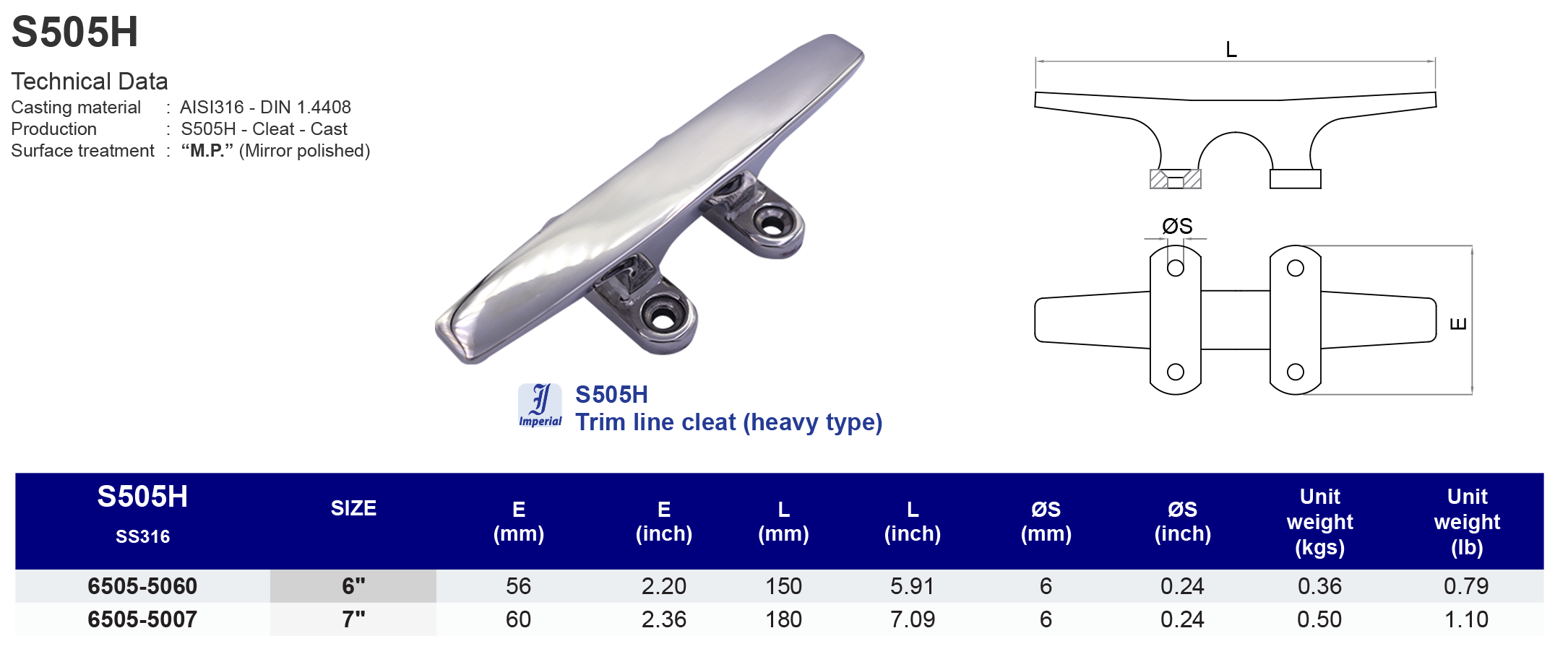 S505H Trim line cleat (heavy type) - 316
