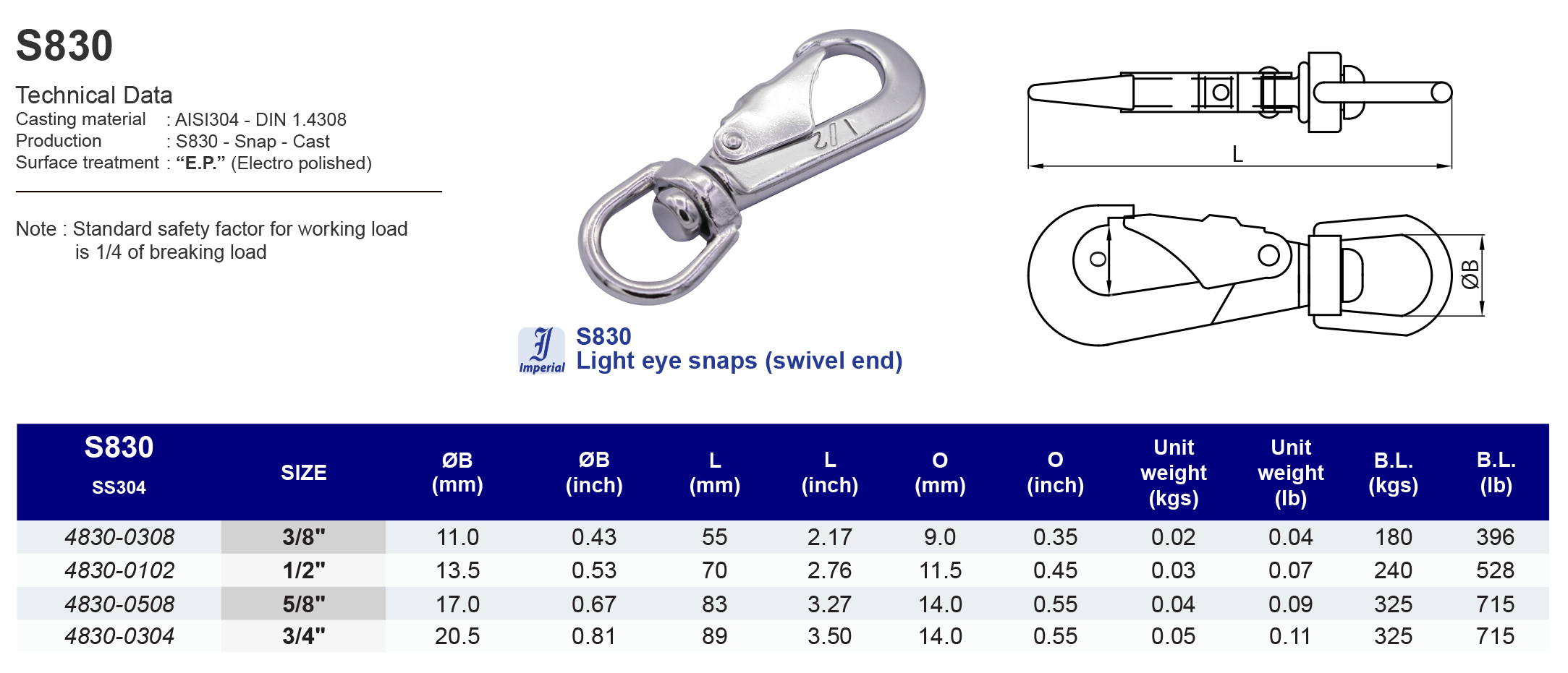 S830 Light eye snaps (swivel end) - 304