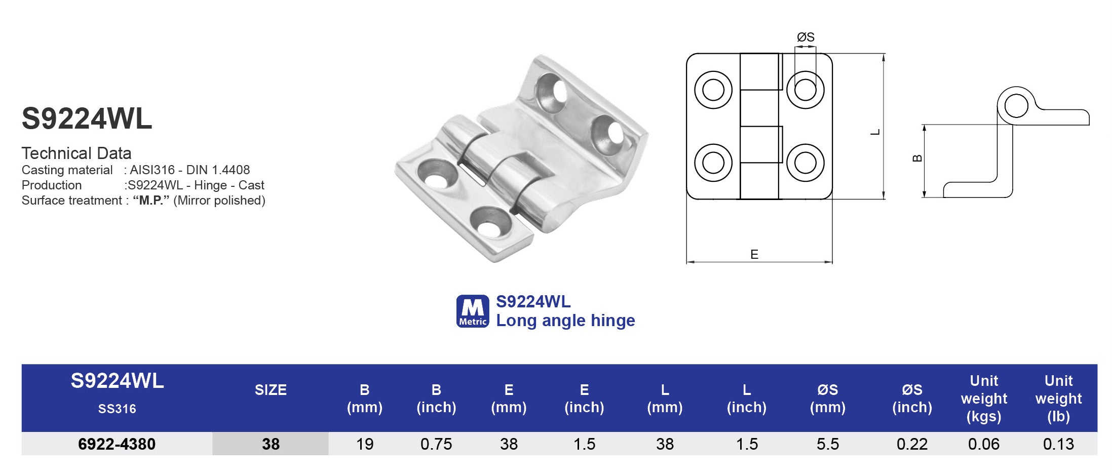 S9224WL Long Angle Hinge