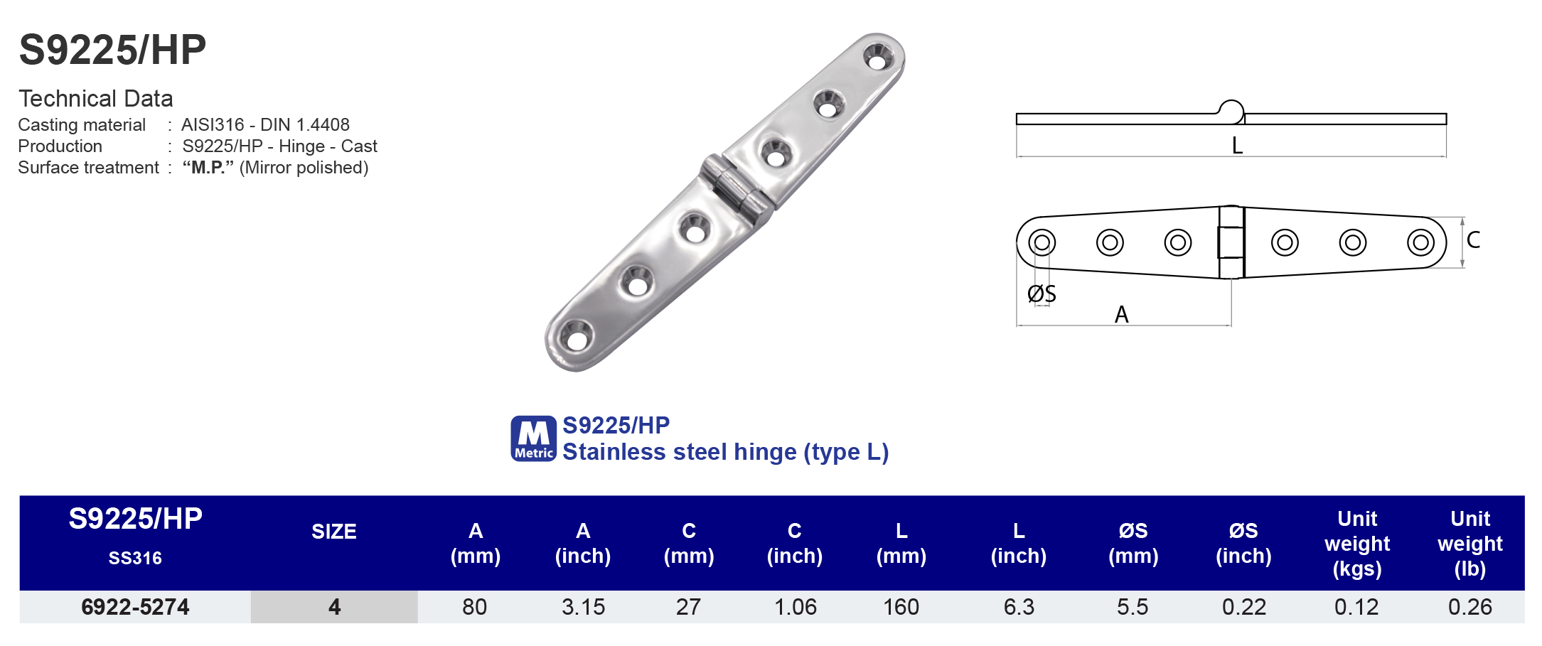 S9225-HP Stainless steel hinge (type L) - 316