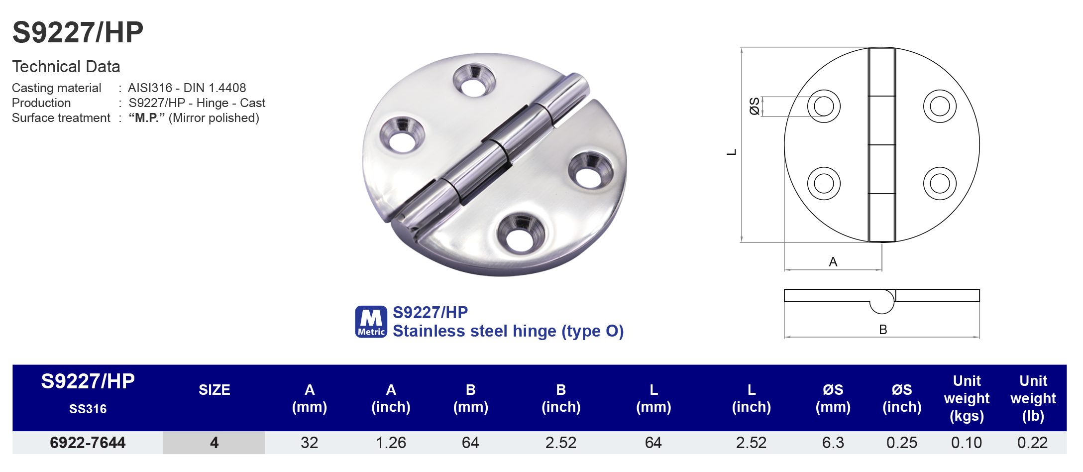 S9227-HP Stainless steel hinge (type O) - 316