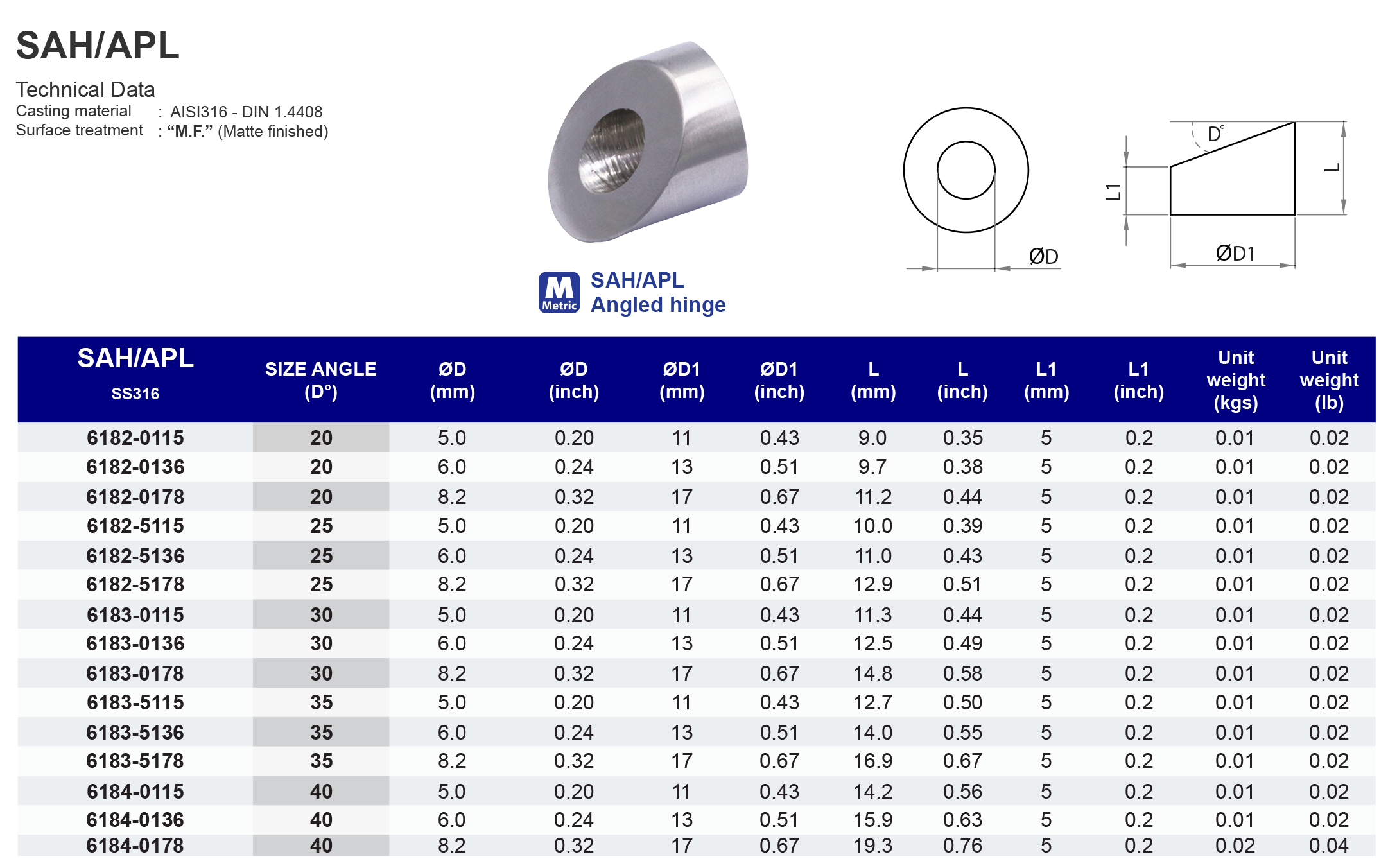 SAH/APL Angled hinge - 316 (CLEARANCE SALE)