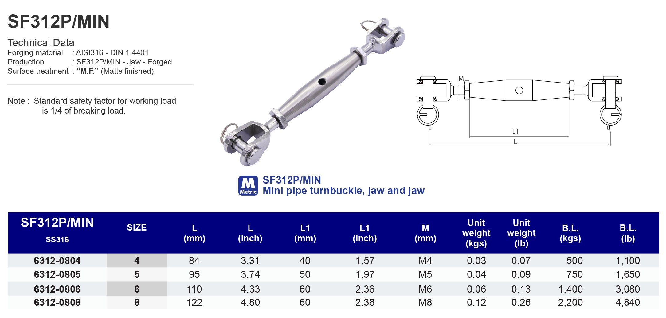 SF312P/MIN Mini pipe turnbuckle jaw and jaw - 316