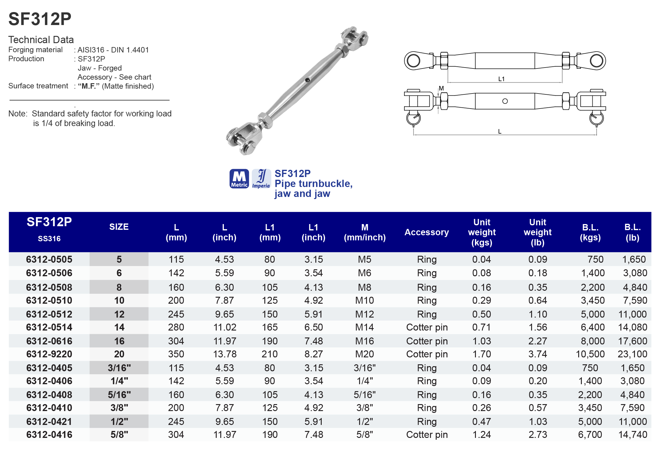 SF312P Pipe turnbuckle, jaw and jaw - 316