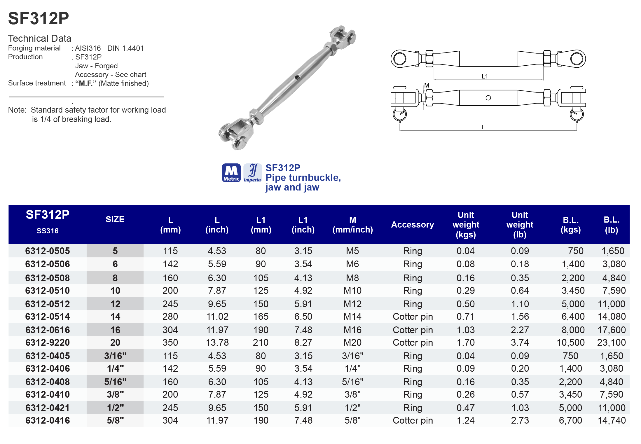 SF312P Pipe turnbuckle, jaw and jaw - 316 (CLEARANCE SALE)