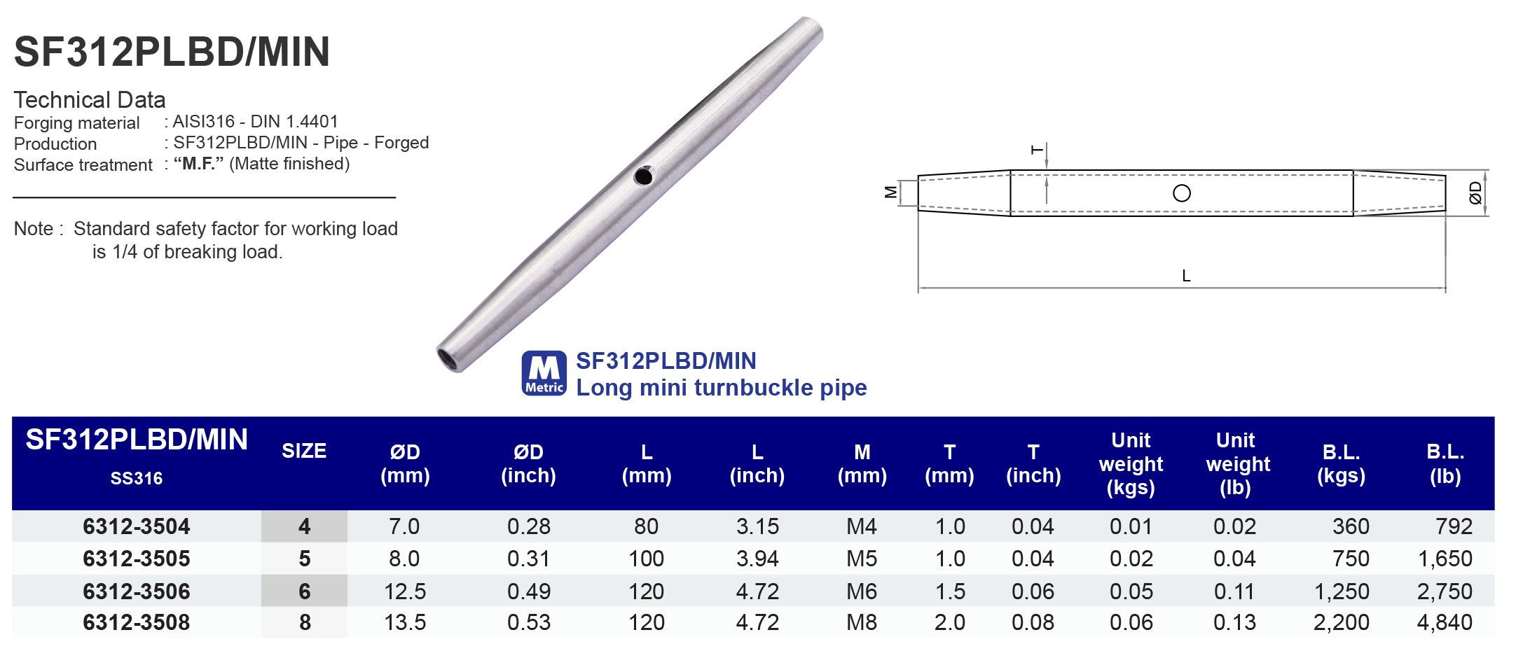 SF312PLBD/MIN  Long mini turnbuckle pipe - 316