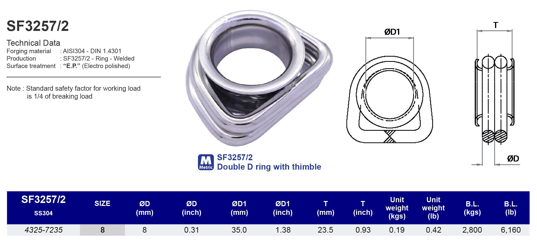 SF3257/2  Double D ring with thimble - 304