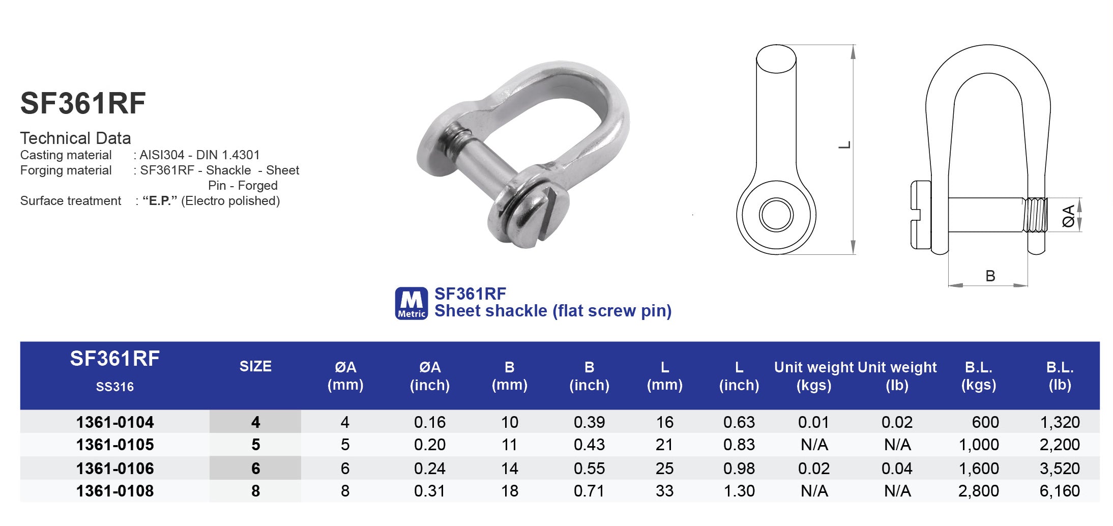 SF361RF Sheet shackle (flat screw pin) - 304