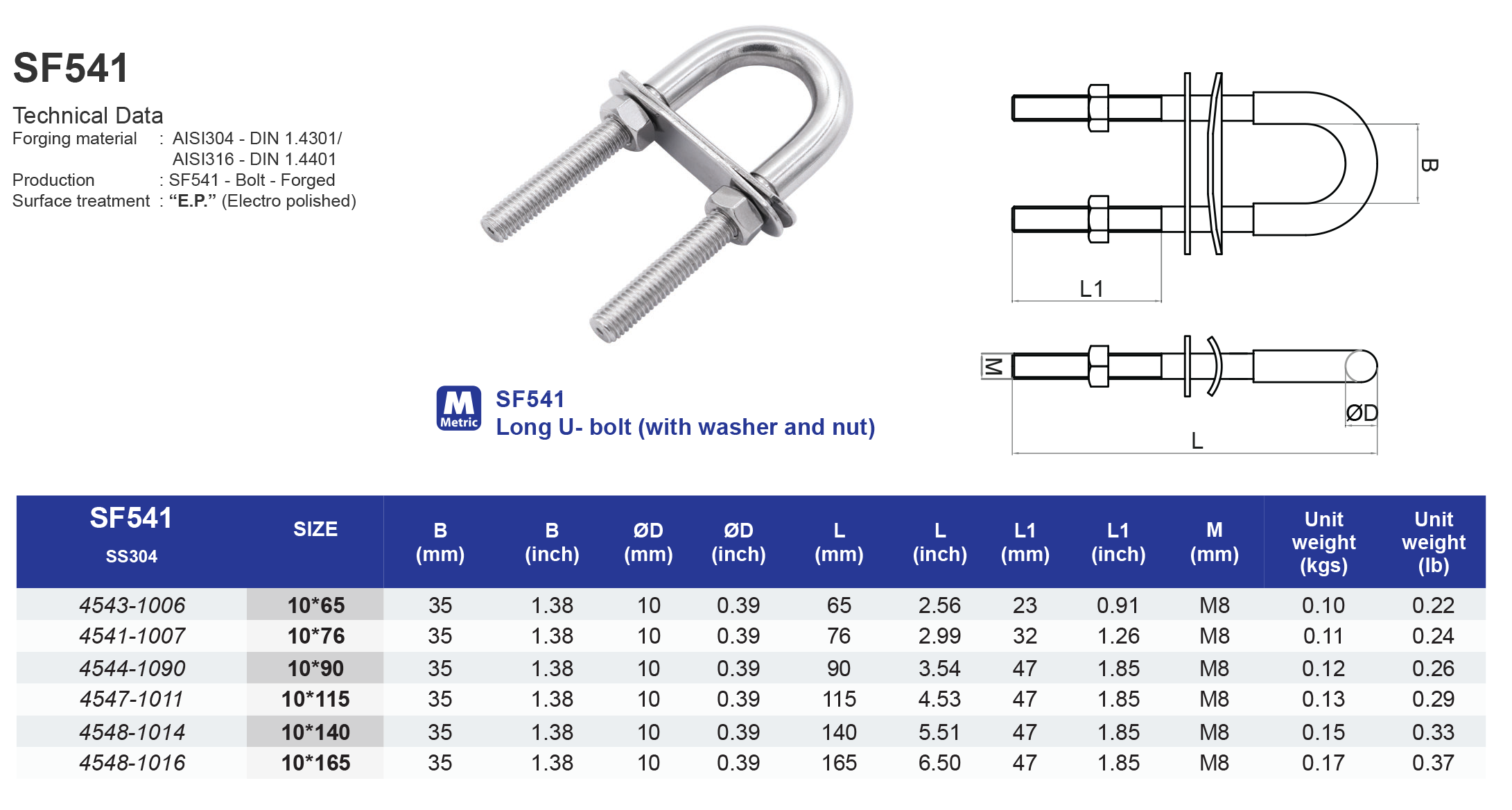 SF541 Long U-bolt (with washer and nut) - 304