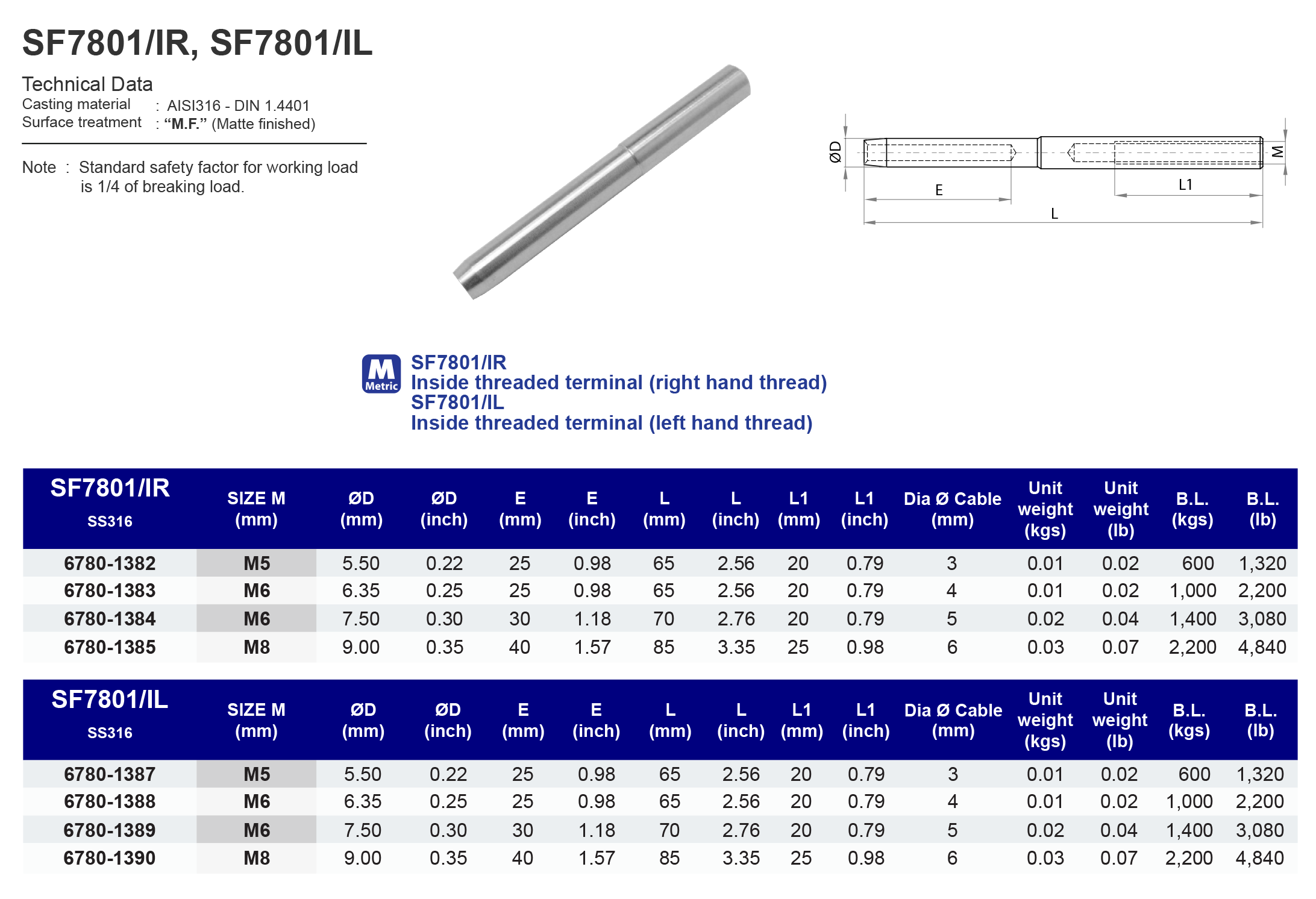 SF7801/IL - Inside threaded terminal - Left Hand - 316 (CLEARANCE SALE)