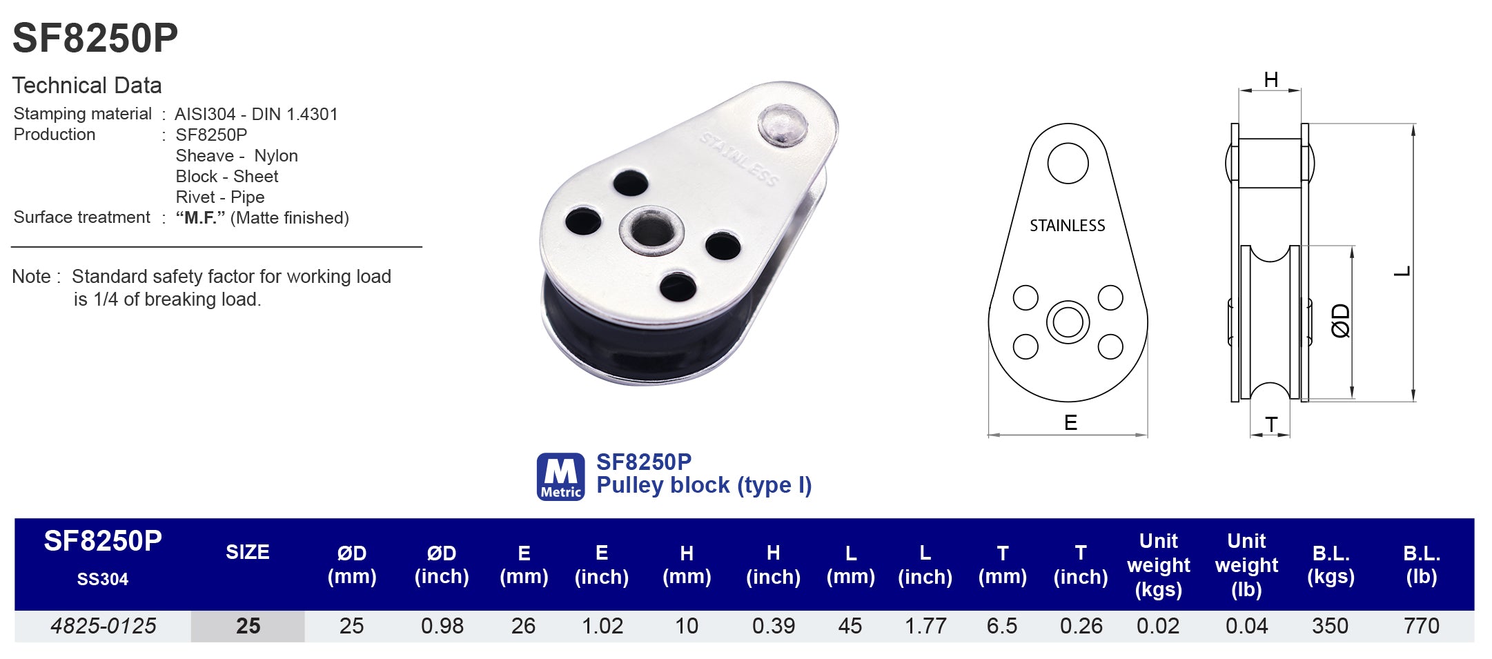 SF8250P Pulley block (type I) - 304 (CLEARANCE SALE)